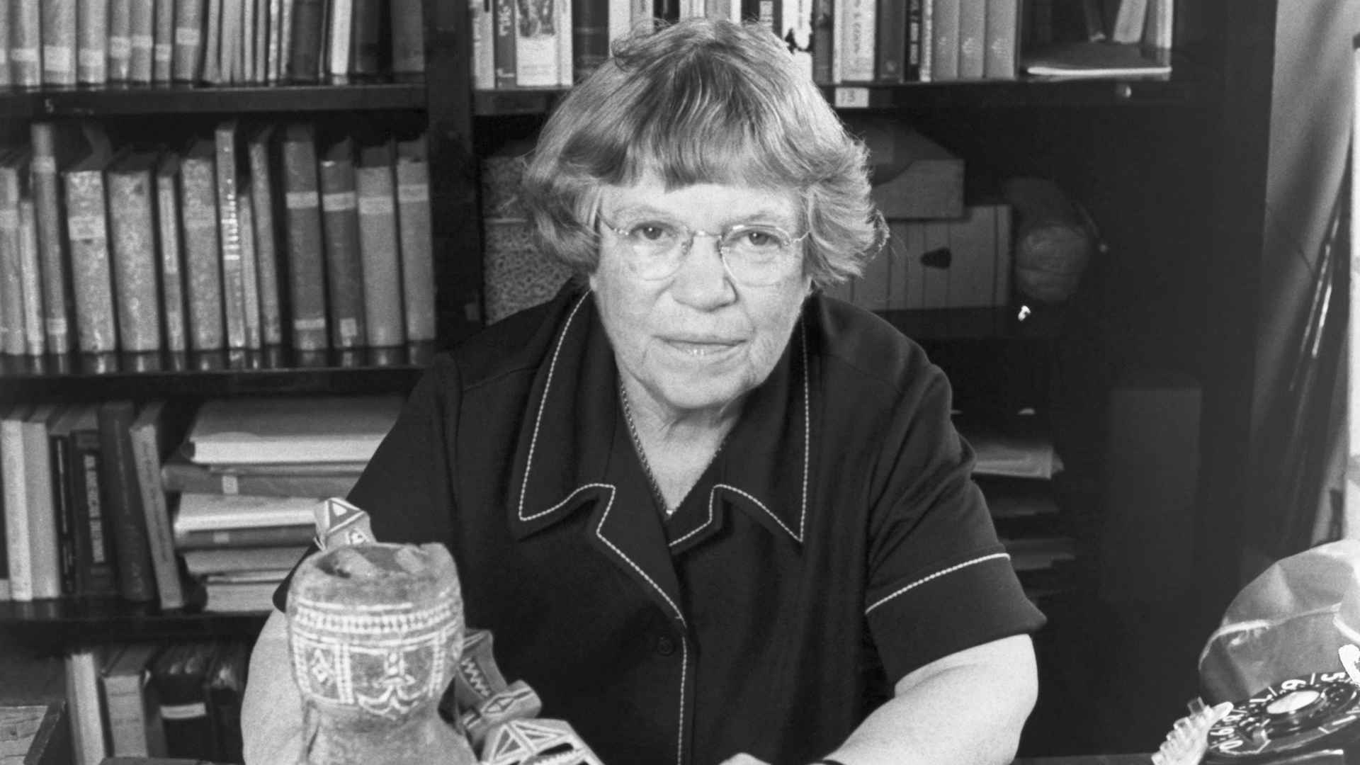 Dr. Margaret Mead, 1901-78: Holding artifact from the Pacific Area. Undated photograph.