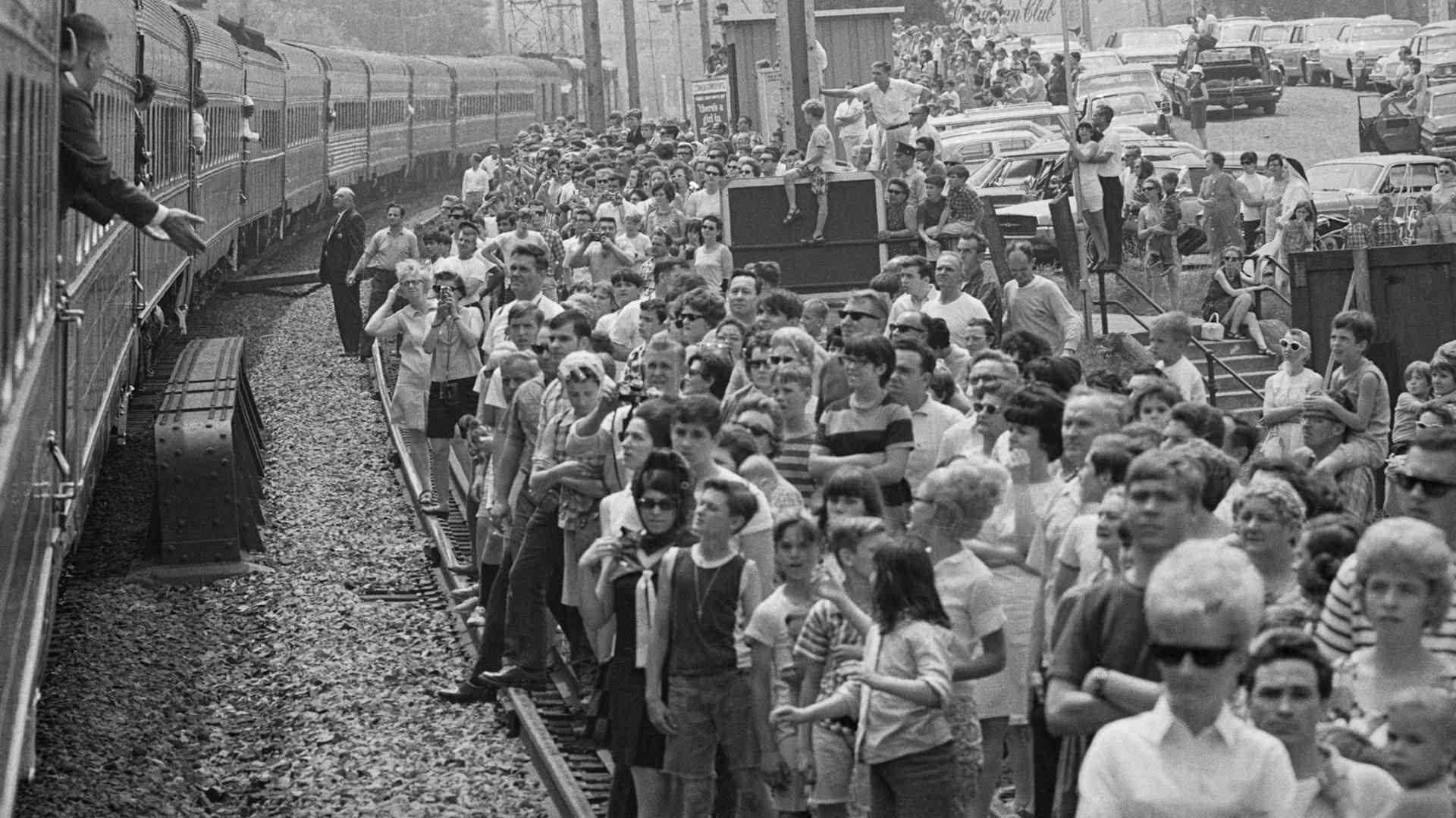 View of spectators waiting for Robert F. Kennedy funeral train