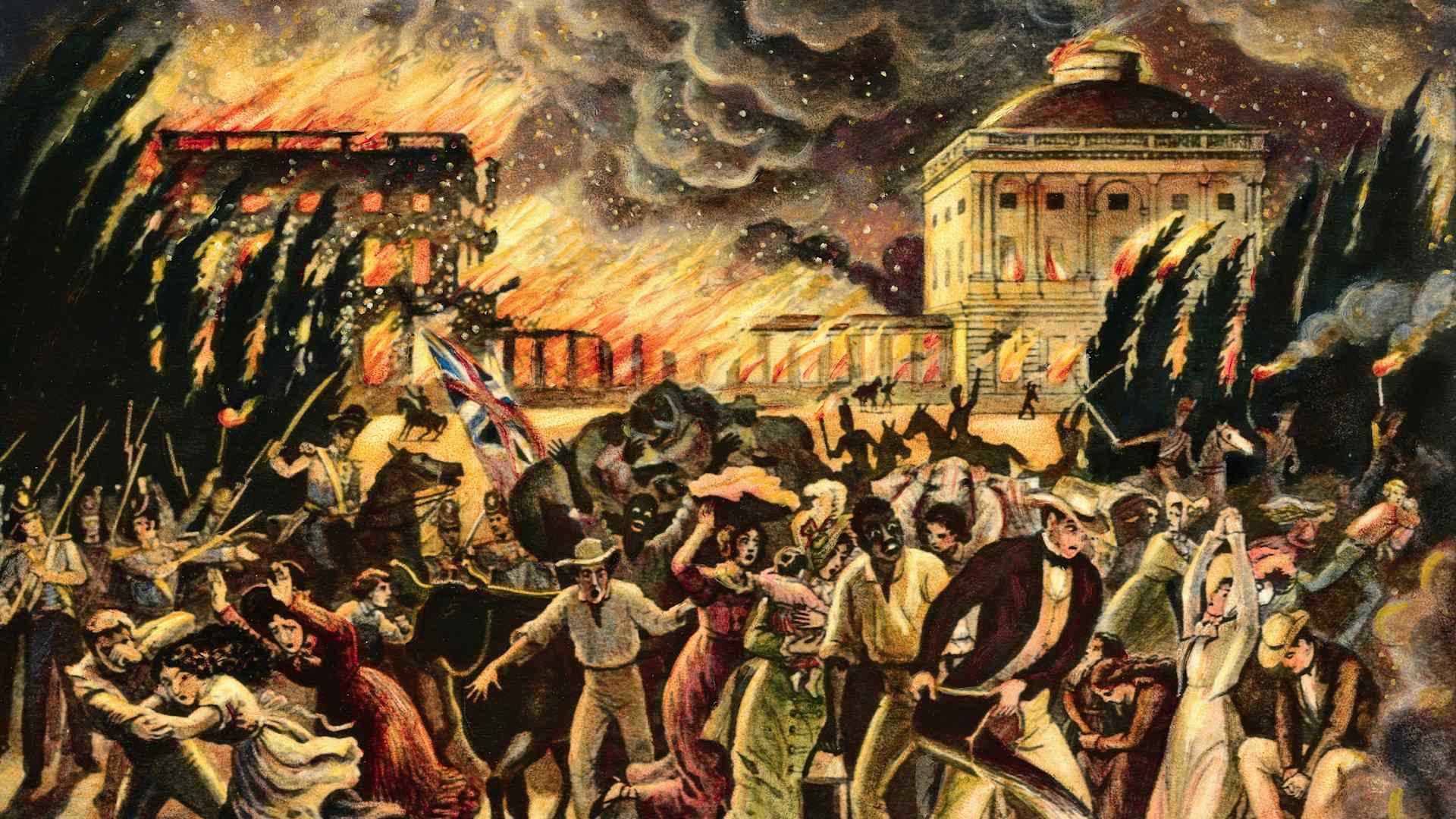 (Original Caption) Undated wash drawing shows the burning of Washington, DC, by the British in 1812. The White House is seen in the background.