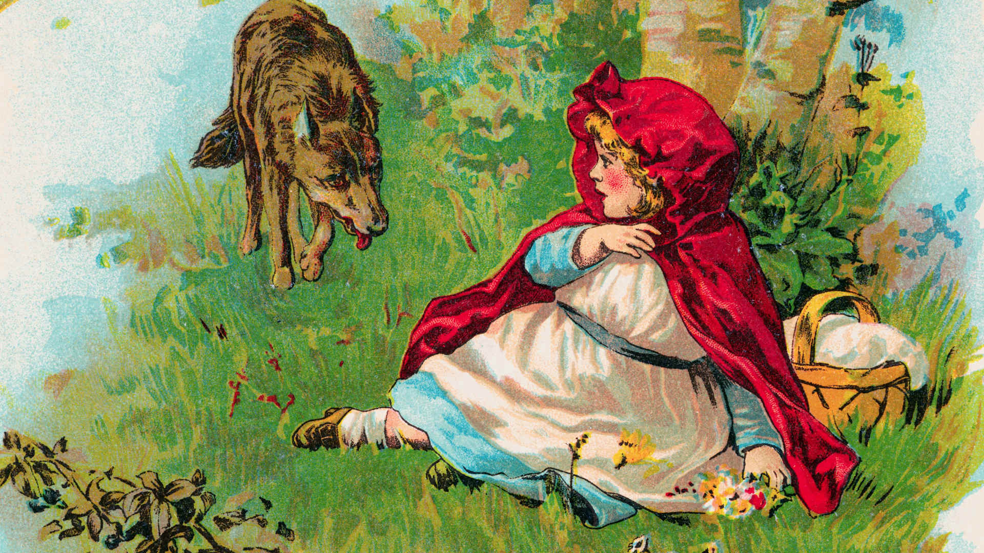Color illustration from the fairy tale "Little Red Riding Hood" depicting the character, Little Red Riding Hood, sitting on the grass and cowering as a wolf approaches her. Part of "Grimm's Fairy Tales" by the Brothers Grimm.