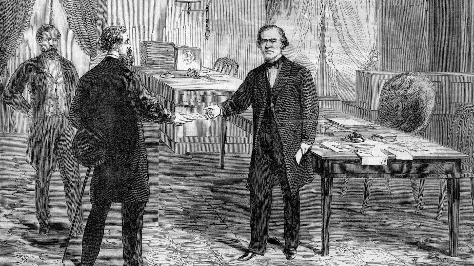 The Impeachment of President Andrew Johnson (1808-1875 - 17th President of the U. S.) on February 24, 1868. Woodcut.