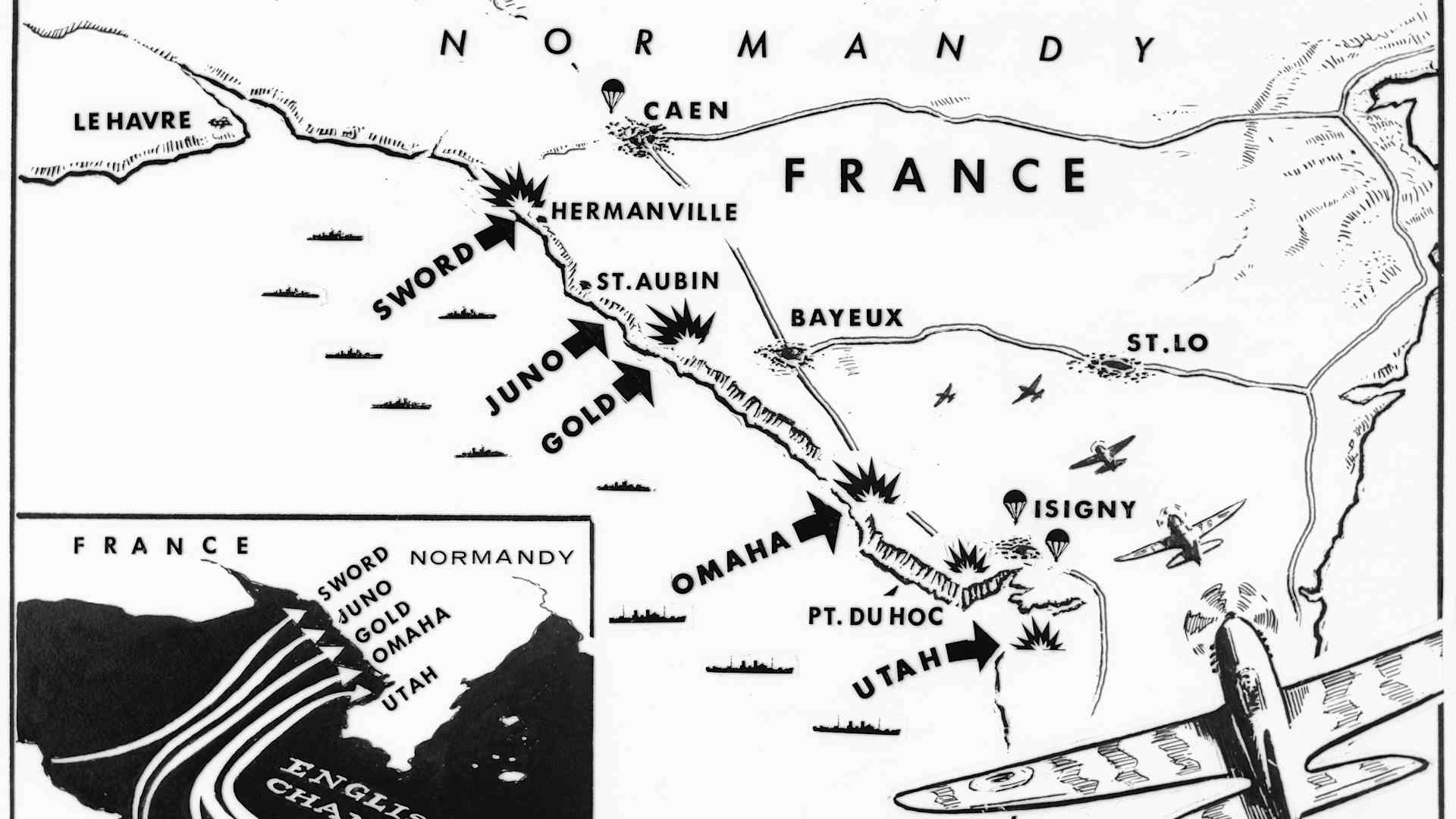 (Original Caption) On D-Day, June 6, 1944, the Allies launched the greatest amphibious attack in history to punch holes in Hitler's "Atlantic Wall". Six Allied combat divisions successfully penetrated the German network of traps and fortification to open the continent for a massive invasion that was the beginning of the end of World War II. UPI news map shows how the D-Day attack was carried out against a 60-mile stretch of the Normandy coast. The Americans stormed the beaches with code names "Omaha" and "Utah", while the Canadians took "Juno" and the British handled "Sword" and "Gold" beaches. More than 200,000 troops took part in the Normandy landings, designed to cut off the vital port of Cherbourg on the Cotentin Peninsula from the rest of Nazi-held France.