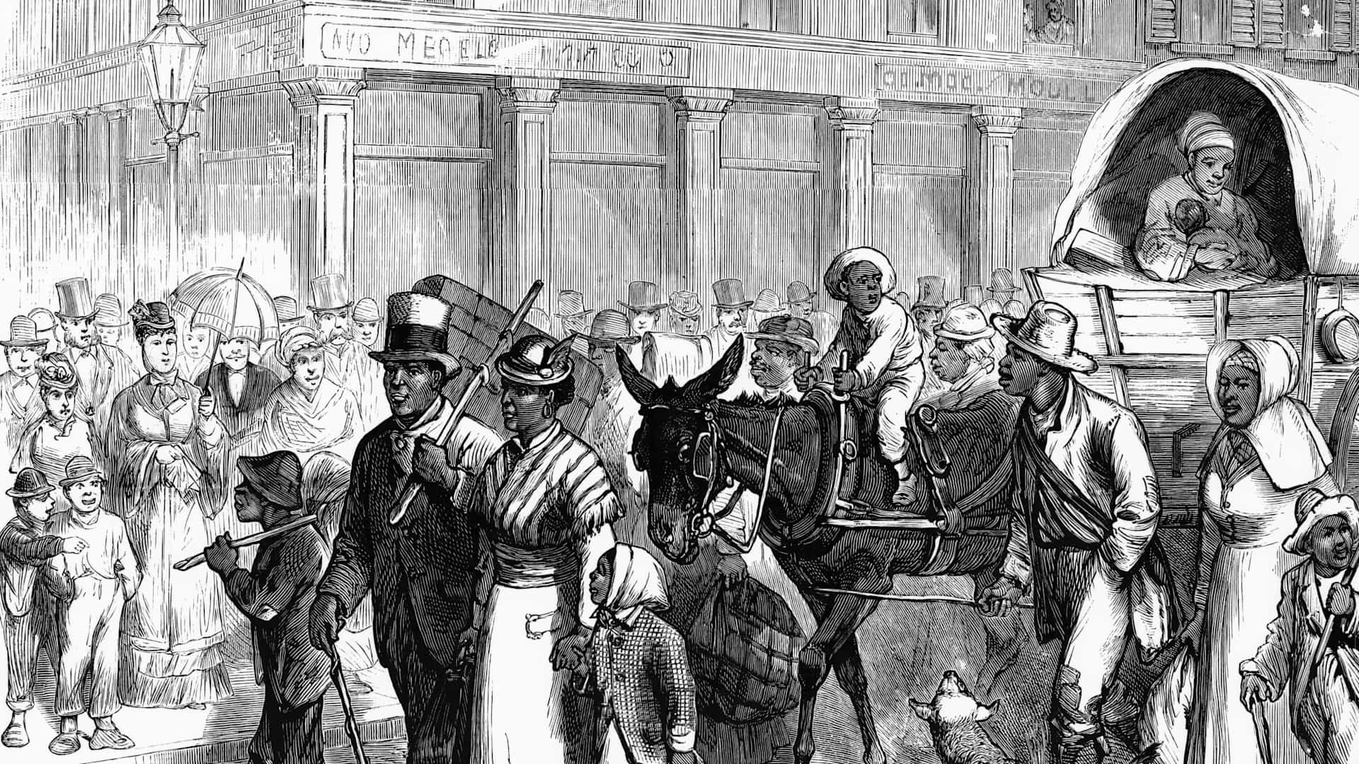 St. Louis, Missouri: Exodus of African American families from Louisiana and Mississippi to St. Louis. Procession of refugees from the steamboat landing to the colored churches. Engraving, 1879.