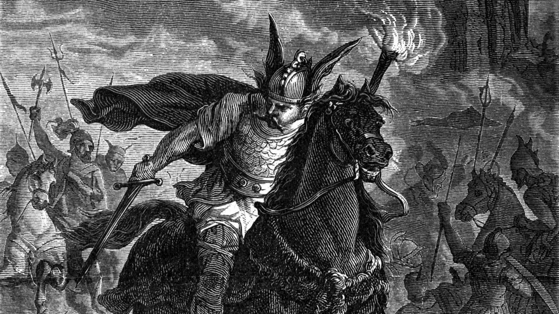 Attila the Hun (406-453) burning townships during Invasion of Italy. Woodcut, undated.