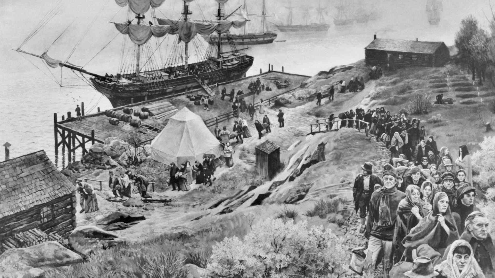Our Nation's Past. New York, New York: This is a reproduction of "The Famished", a 50" x 36" oil on canvas by John Falter, one of six paintings depicting events in American history that he has been commissioned to do by 3M Company. The painting is of a scene at Grosse Isle, Canada, on the St. Lawrence River during the Irish immigration to the U.S. Fearful that a tide of Irish immigrants might engulf them, Americans insisted that some immigrants be diverted to Canada.