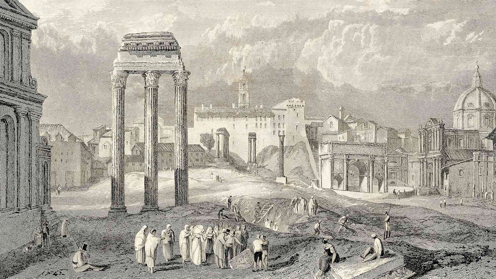 Engraving of the Forum Romanum (Roman Forum).