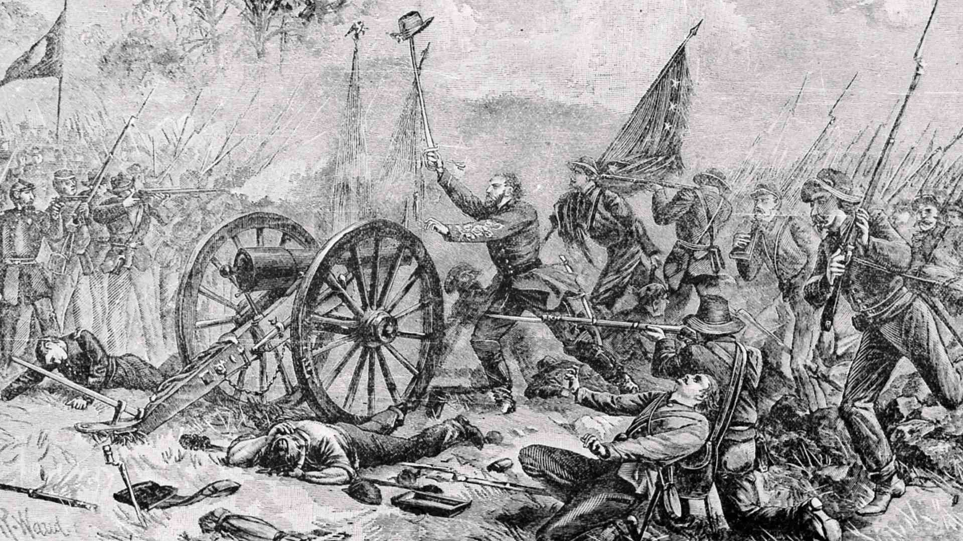 Confederate General Lewis Armistead at George Edward Pickett's famous charge at the Battle of Gettysburg during the American Civil War.