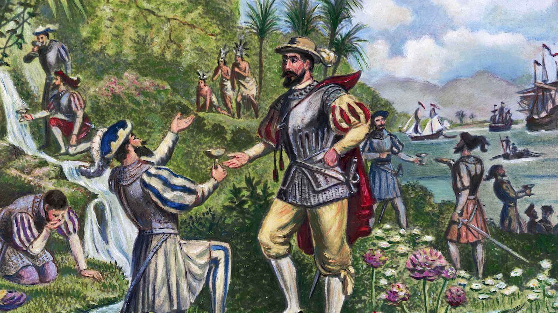 Undated illustration of Juan Ponce de Leon being given water from the "Fountain of Youth."