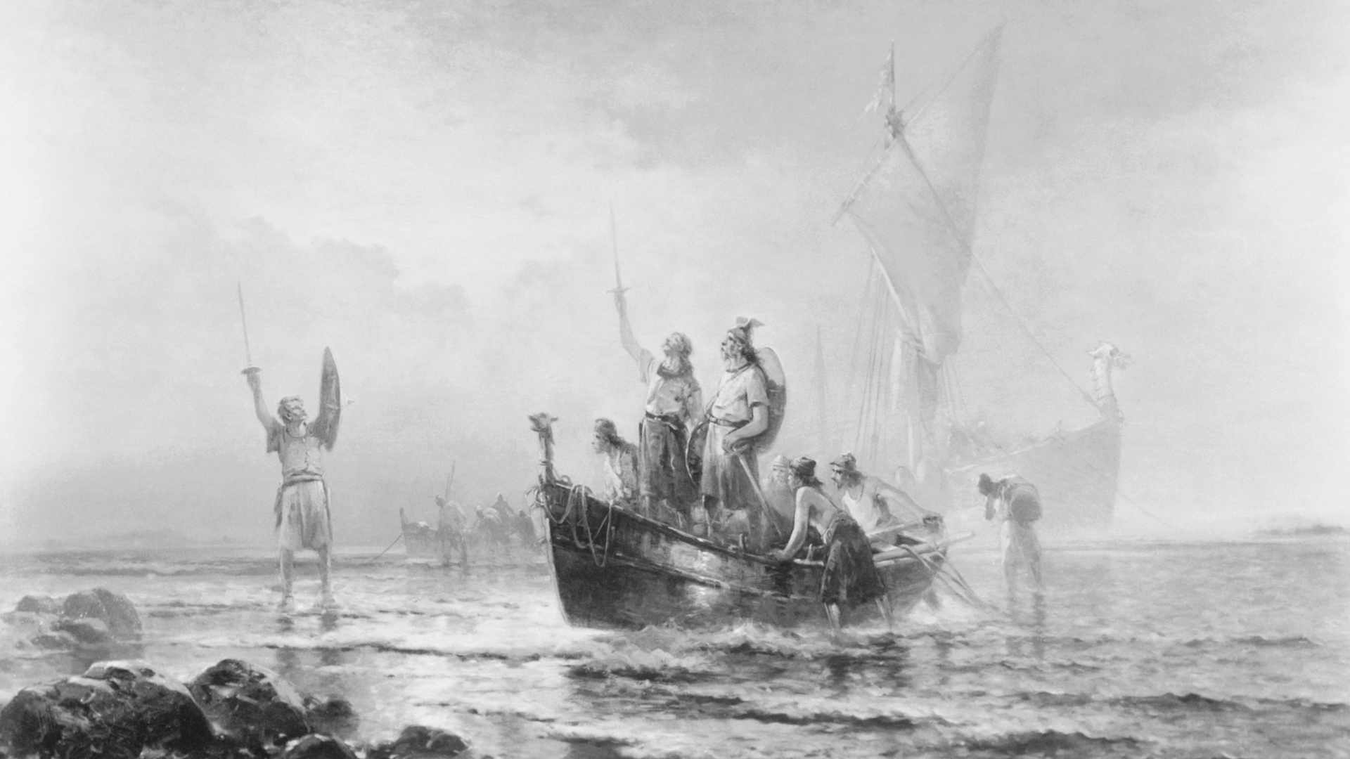 Leif Eriksson landing on the shores of North America.