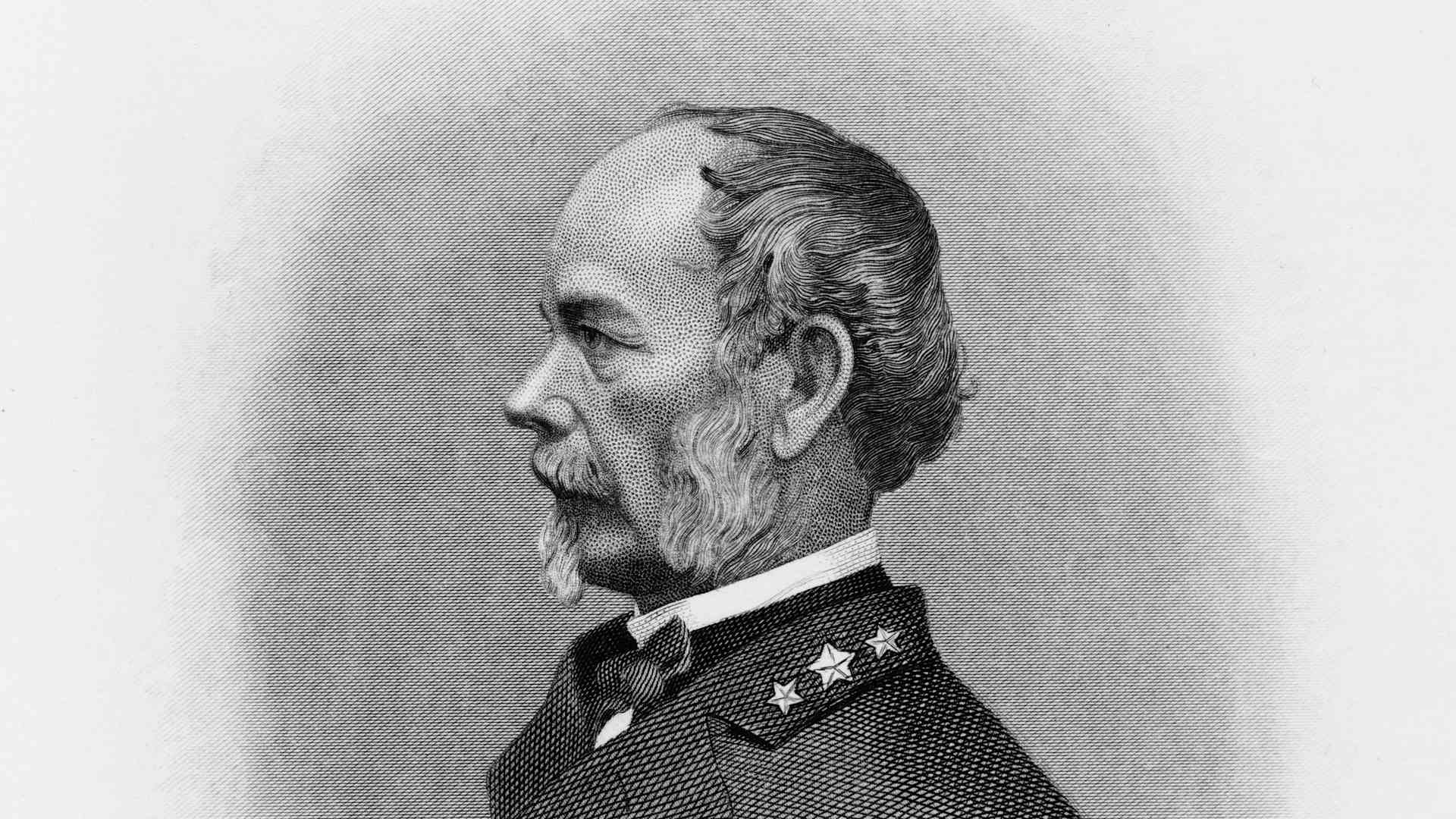 U.S. Army officer in the Mexican-American War and Seminole War and senior general officer in the American Civil War, Joseph Eggleston Johnston (1807 - 1891), circa 1865. From an original engraving by R. Whitechurch