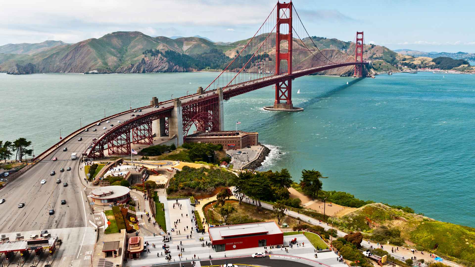 The Golden Gate Bridge from the Fort Baker side featuring the new Golden Gate Pavilion gift and information center.