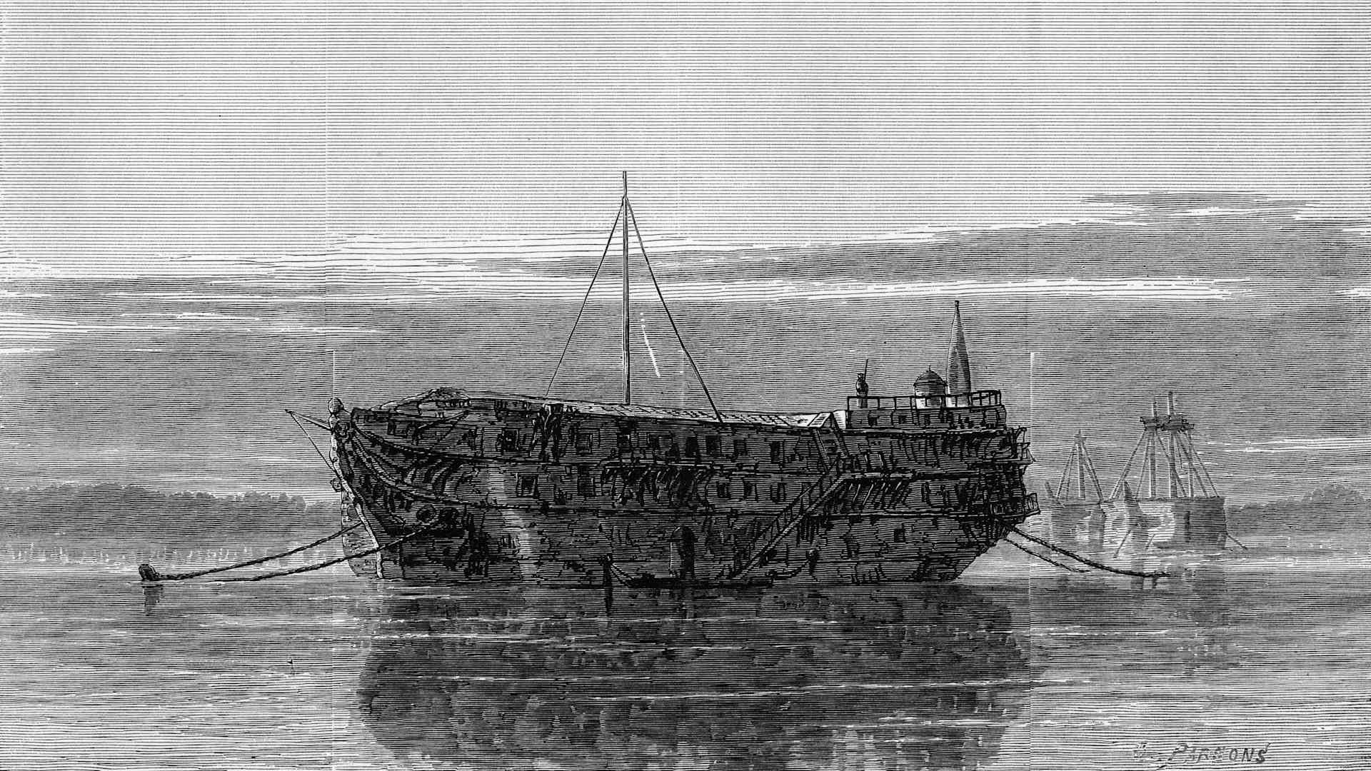 Engraving depicting the HMS Jersey, a 60 gun fourth rate ship of the line of the Royal Navy, launched on 14 June 1736, perhaps most noted for her service as a prison ship during the American Revolutionary War, 1832.