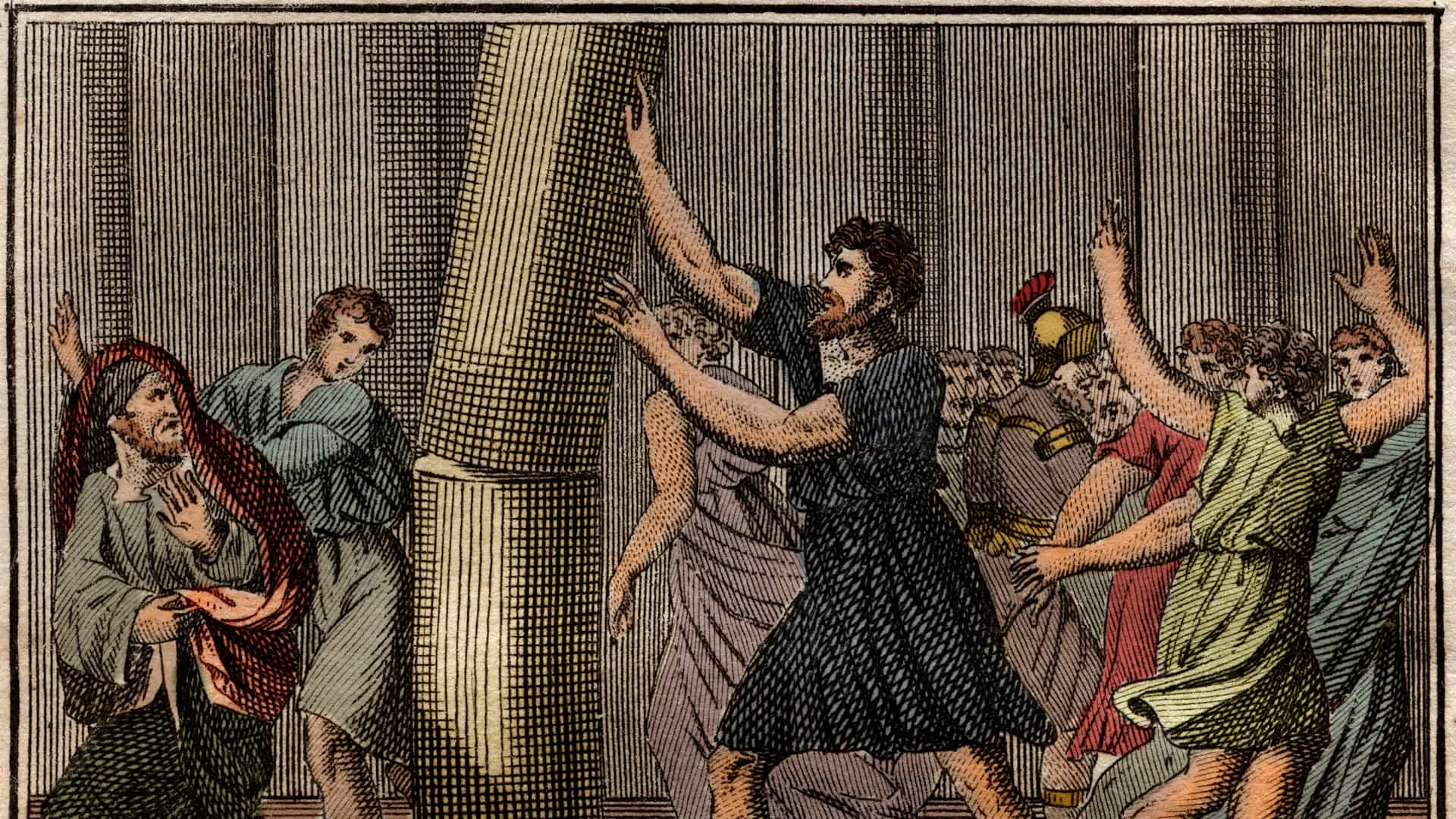 Extraordinary strength of Milo of Croton (Milon de Crotone) Engraving from " Le Rollin de la jeunesse ou Morceaux choisis des Histoires Ancienne et Romaine" 1816. Private collection.