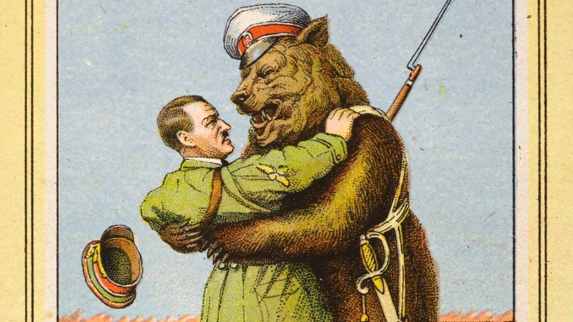 A French political cartoon critiquing the Molotov-Ribbentrop Pact. Hitler and the Russian Bear are wrestling over a map of Russia and the Crimea. (Photo by Michael Nicholson/Corbis via Getty Images)