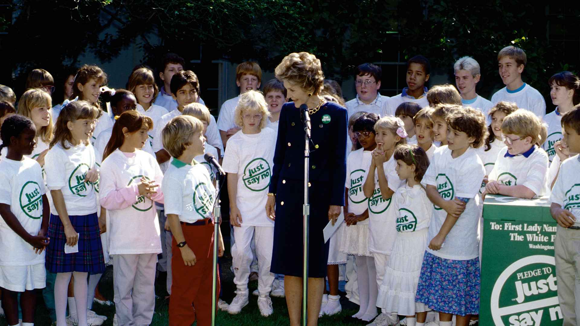 Washington, DC. September 1987: First Lady Nancy Reagan accepts on behalf of the 'Just Say No Club' a check from the Proctor & Gamble company for $150,000.
