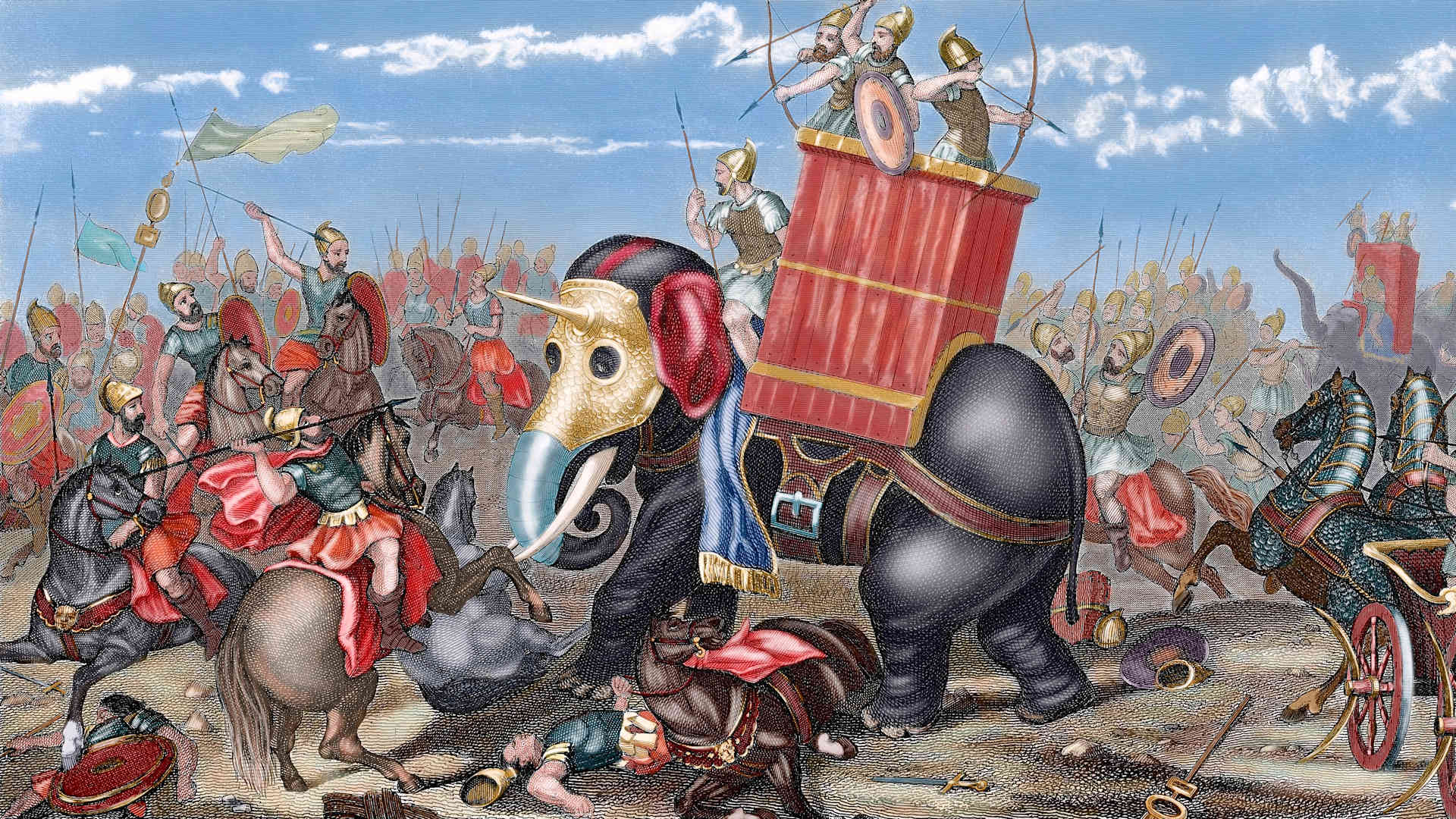 Second Punic War. The Battle of Zama (202 B.C.). A Roman army led by Publius Cornelius Scipio Africanus defeated a Carthaginian force led by Hannibal. Colored engraving, 19th century.