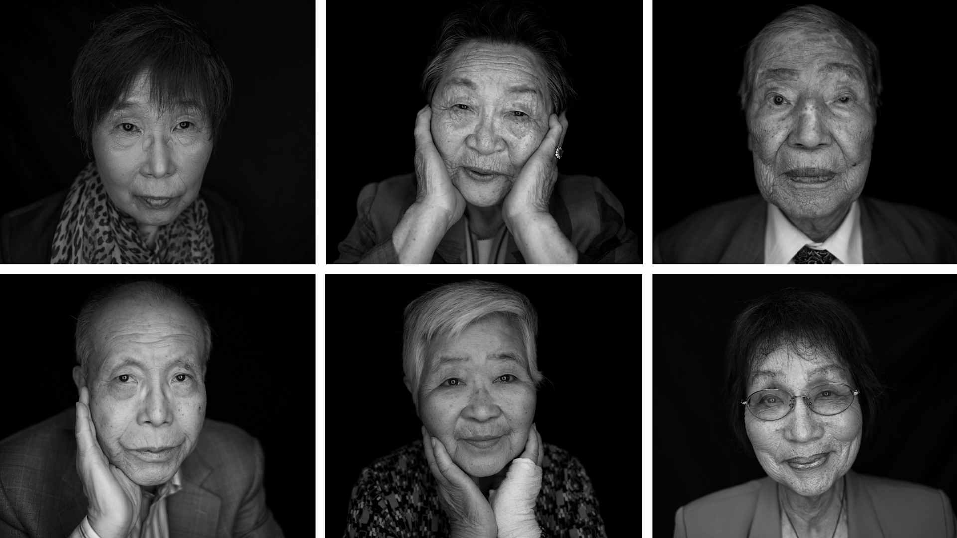 Portraits taken on May 25 and 26, 2016 of survivors of the 1945 atomic bombing of Hiroshima: (top L to R) Keiko Ogura, Park Nam-Joo, Sunao Tsuboi; (bottom L to R) Shigeaki Mori, Misako Katani and Emiko Okada in Hiroshima