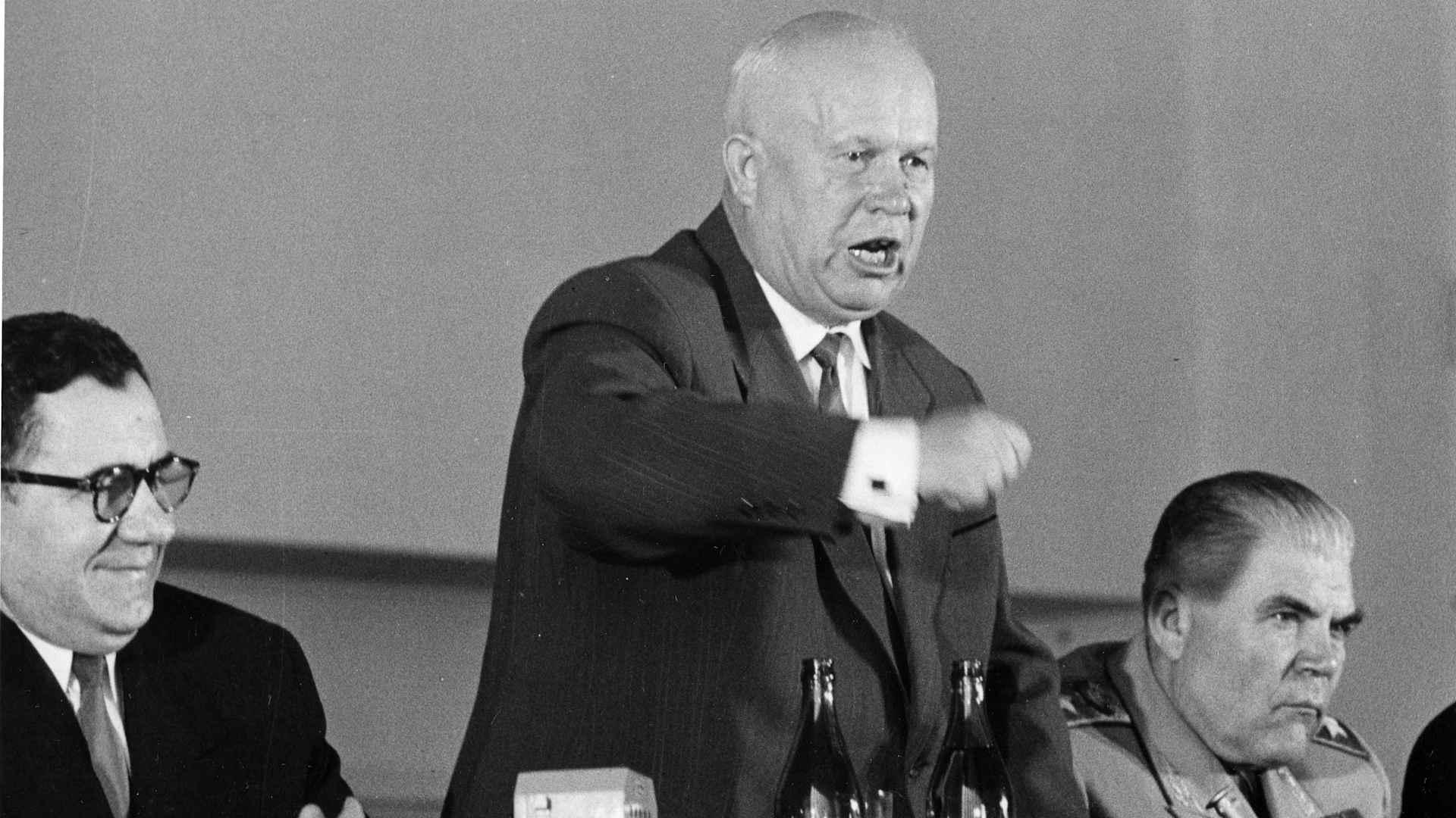Russian politician and Premier Nikita Krushchev (1894-1971) stands and shakes his fist during his farewell press conference, Paris, France, May 18, 1960.