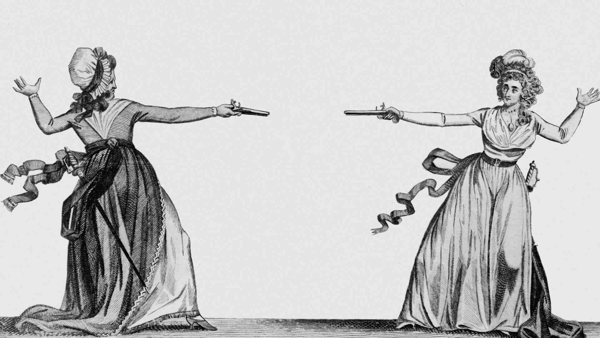 'Petticoat Duellists', a print depicting two women fighting a duel with pistols, published in 1792. (Photo by Hulton Archive/Getty Images)