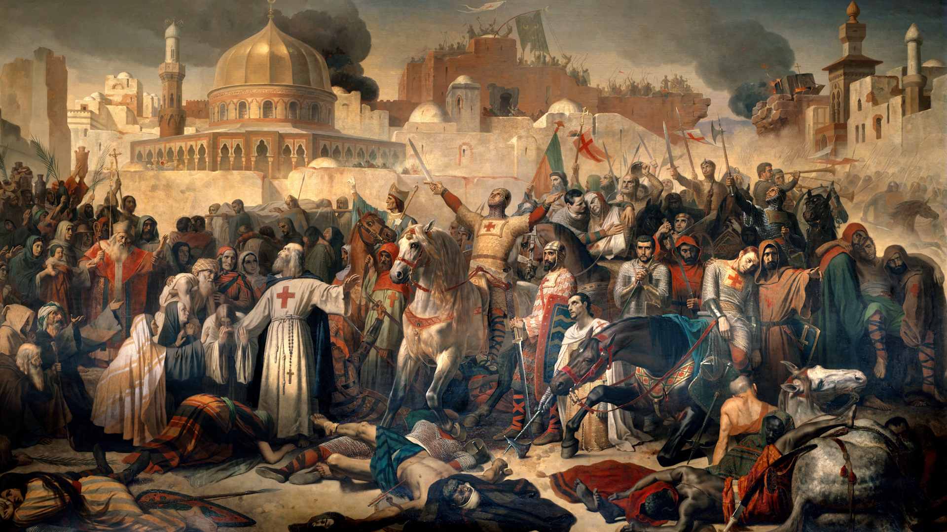 First Crusade: Taking of Jerusalem by the Crusaders, 15 July 1099. Godfrey of Bouillon ( or Godefroi - Godefroy de Bouillon) giving thanks to God in the presence of Peter the Hermit after the capture of the city. Painting by Emile Signol (1804-1892)