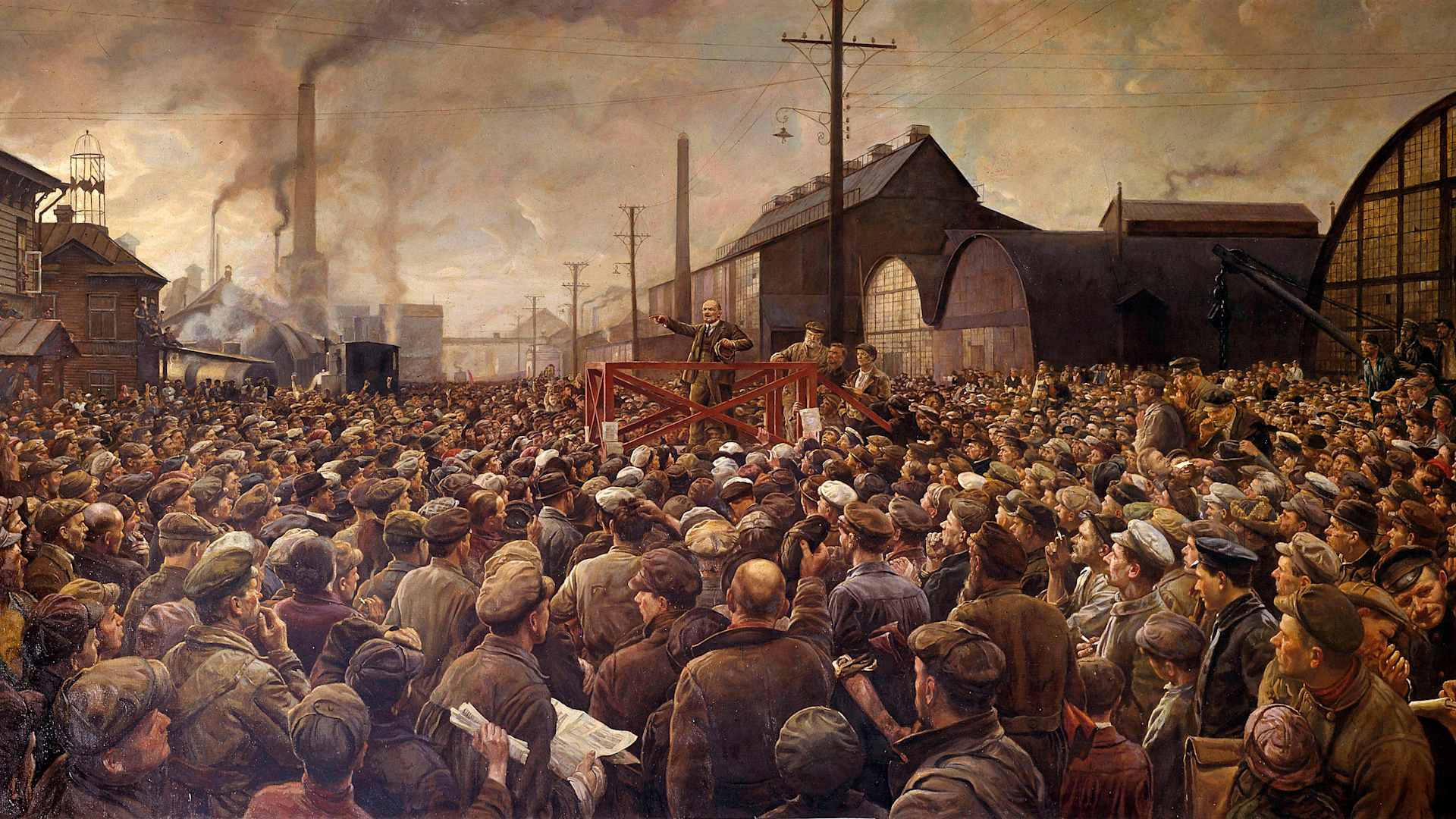Russian Revolution of 1917: Lenin speaking to the workers of the Putilov factory, in Petrograd, 1917.