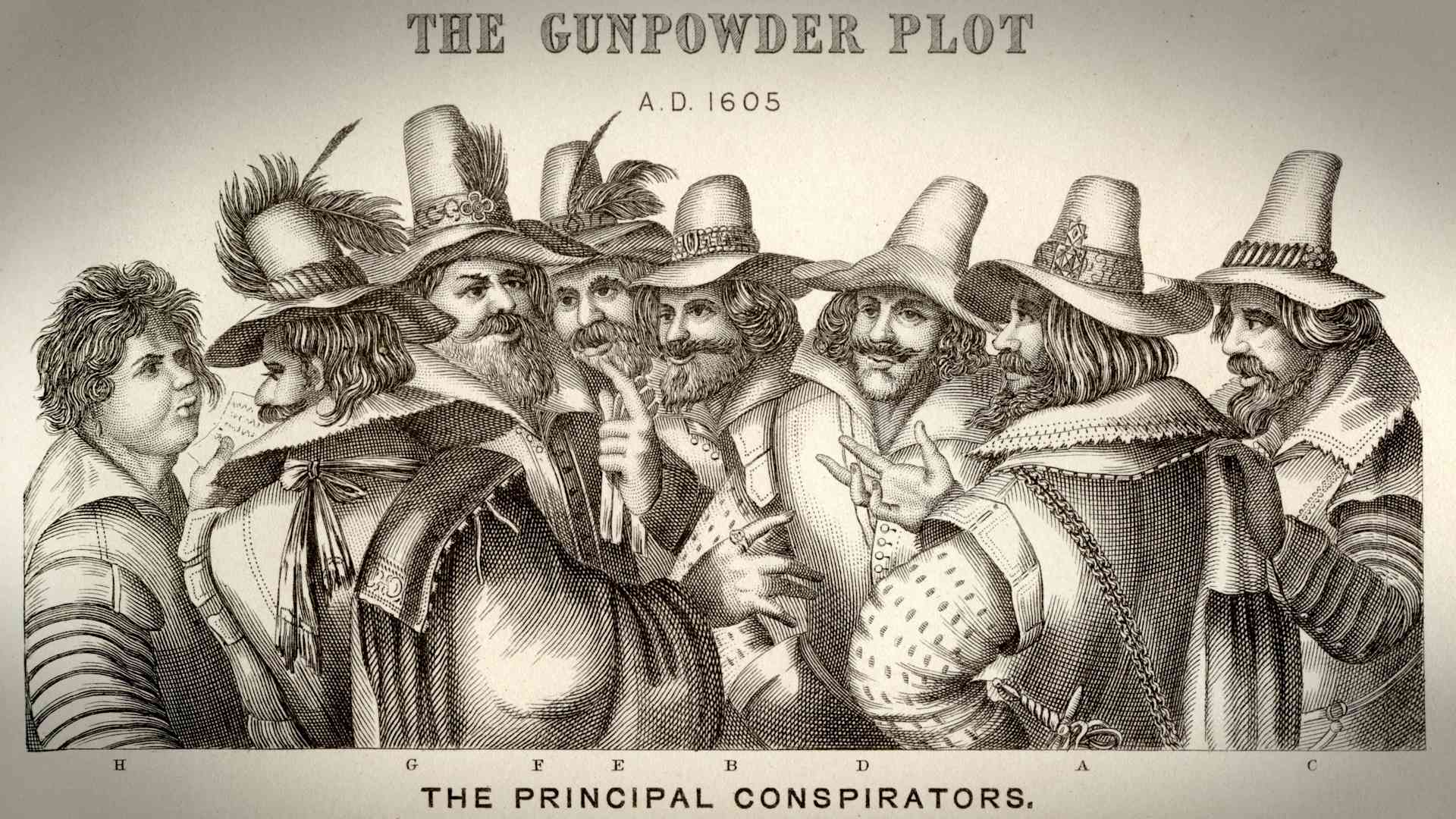 Engraving showing the principal conspirators of the Gunpowder Plot, a plan to blow up the British monarchy and Parliament. The conspiracy was created by Guy Fawkes with Robert Catesby.