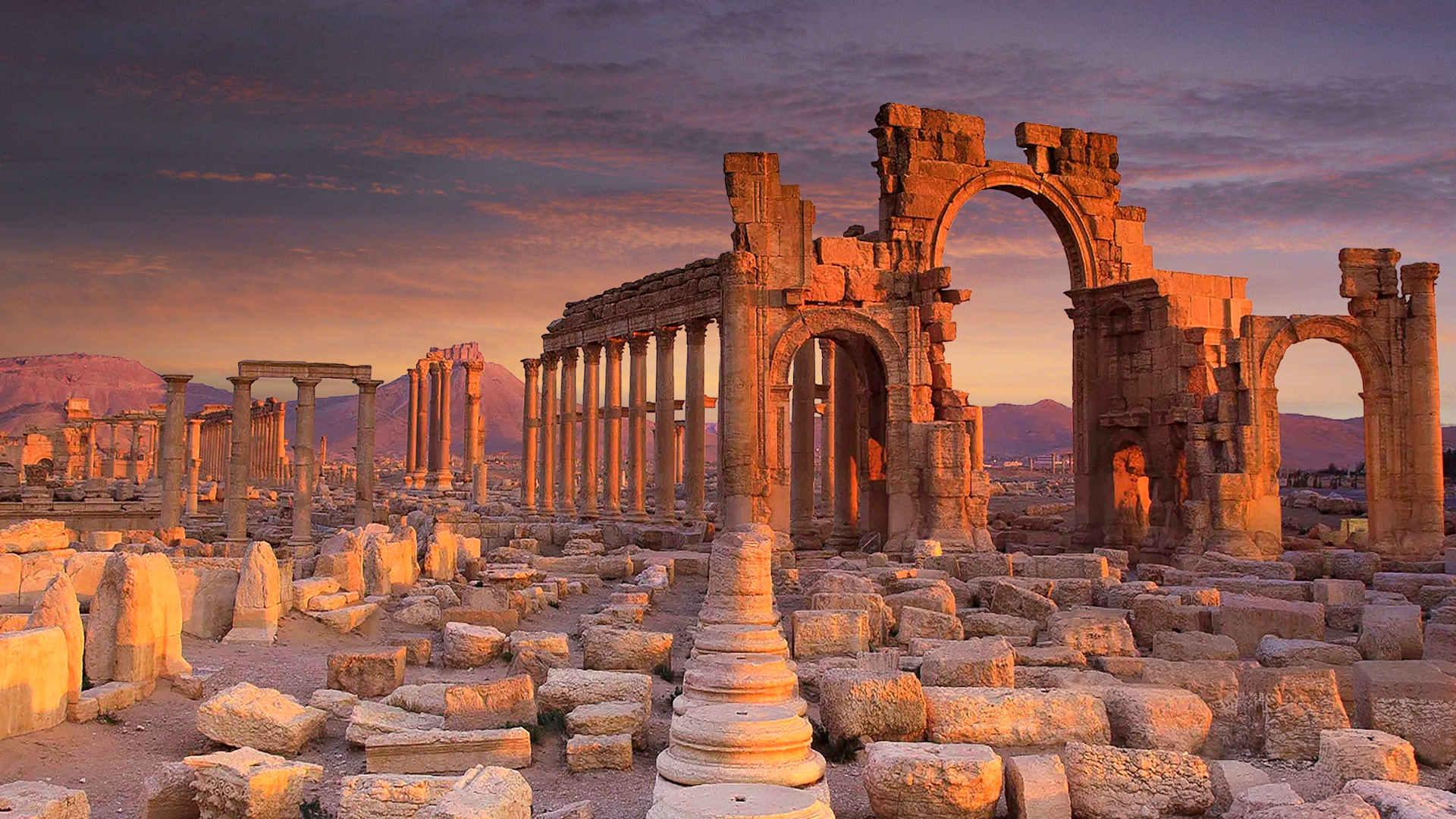 Sunset at Palmyra, a UNESCO World Heritage Site. Before the Syrian conflict started in 2011, more than 150,000 tourists visited the ancient city every year.