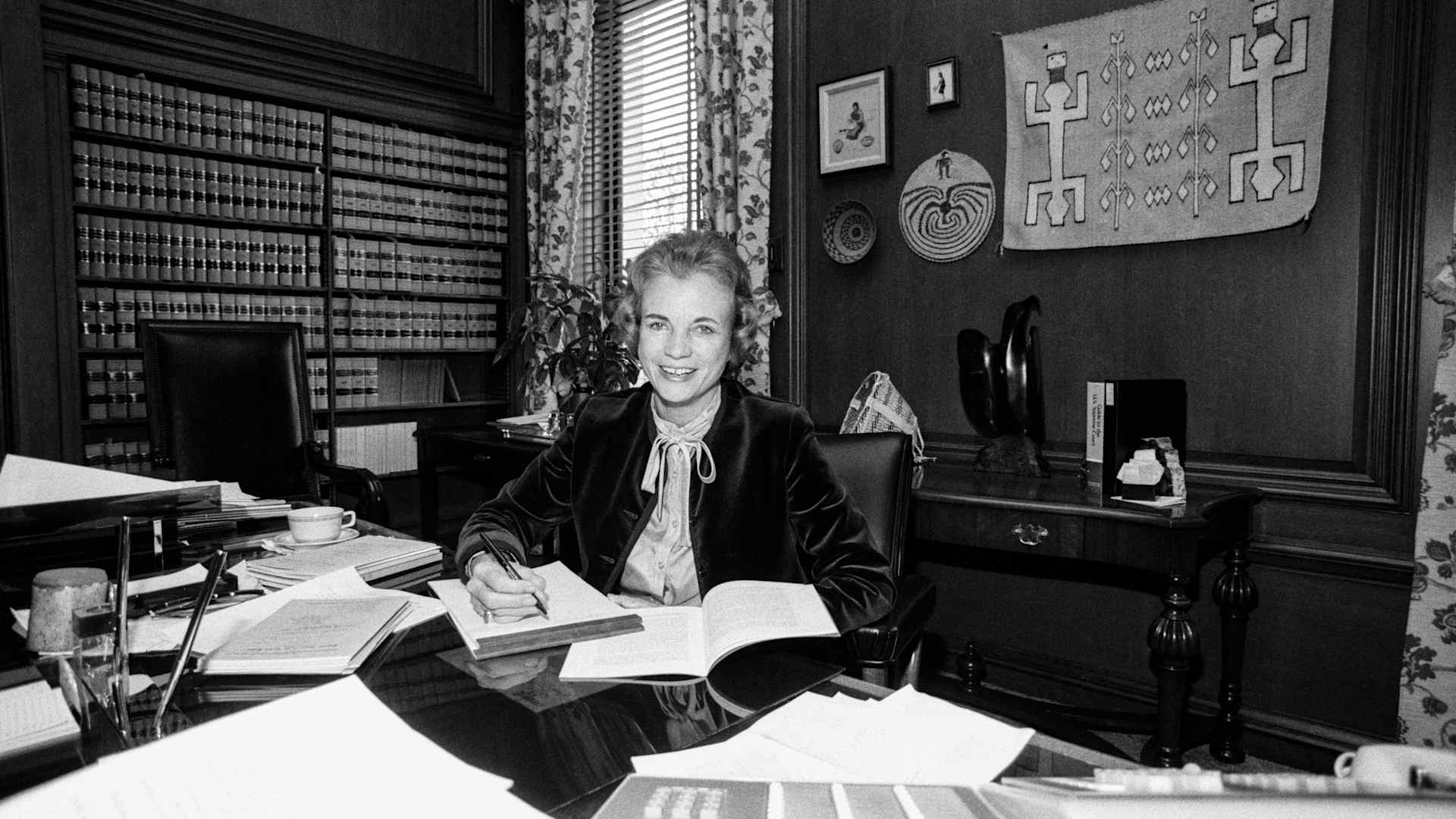 Justice Sandra Day O'Connor in her chambers at the US Supreme Court in Washington DC, 5th October 1981, ten days after she became the first female Justice to serve on the Court. (Photo by David Hume Kennerly/Getty Images)