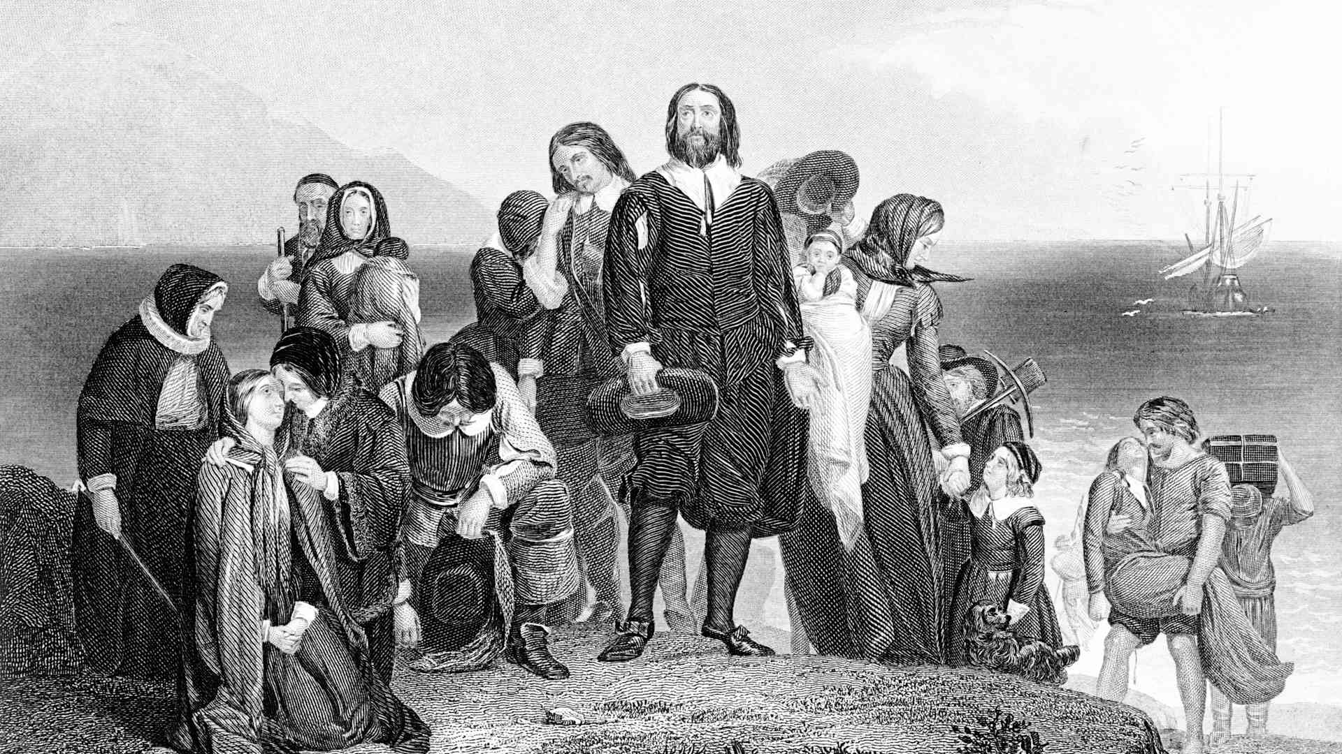 First landing of the Mayflower Pilgrims, led by Myles Standish, November 9, 1620