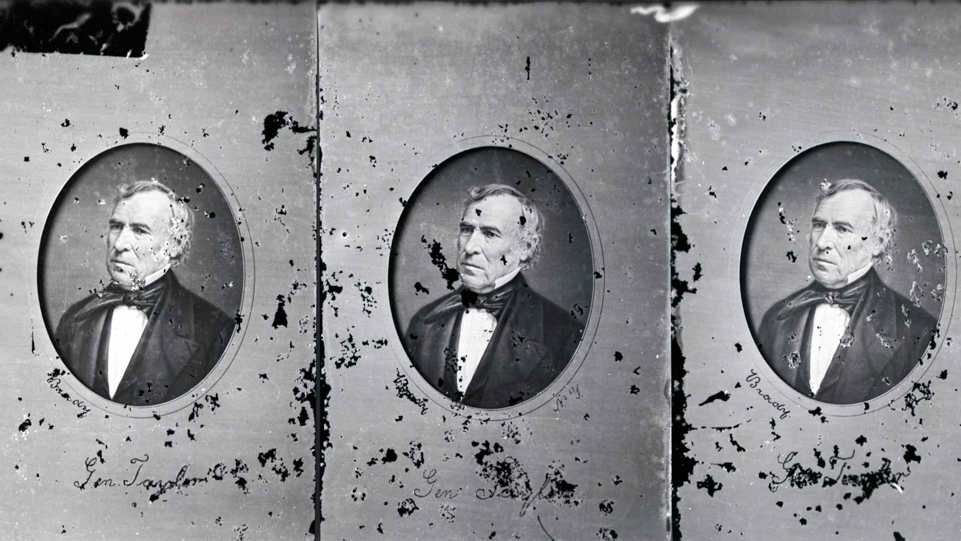 A triple ferrotype or tintype portrait of General Zachary Taylor (1784-1850), twelfth president of the United States, bears his signature beneath each photograph. Taylor was elected to office in 1848 and died two years later.