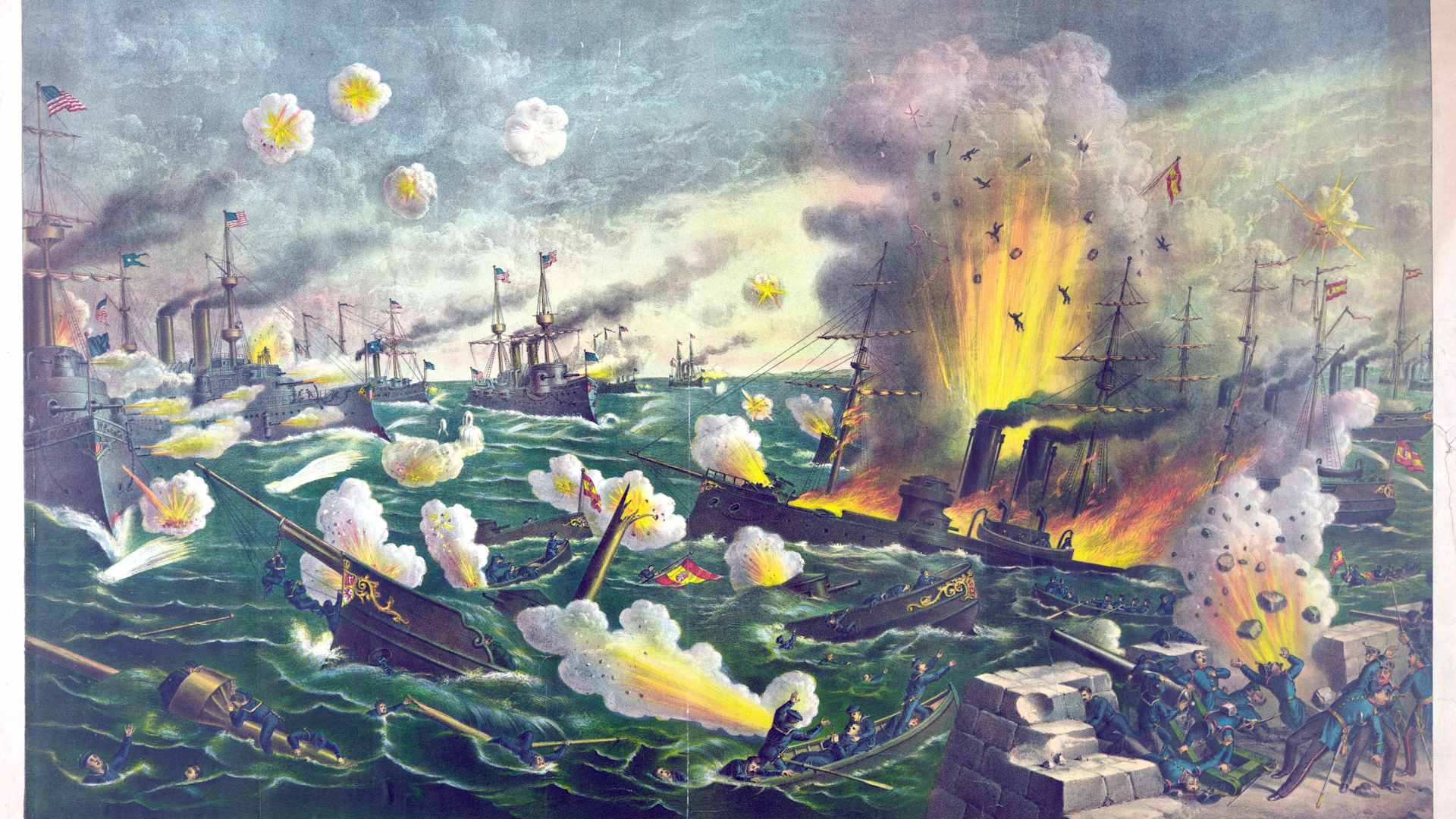 Spanish-American War 1898: Spanish vessels destroyed by American fire in the Battle of Manila Bay, Philippines, May 1898, the first major engagement of the conflict.  Chromolithograph.
