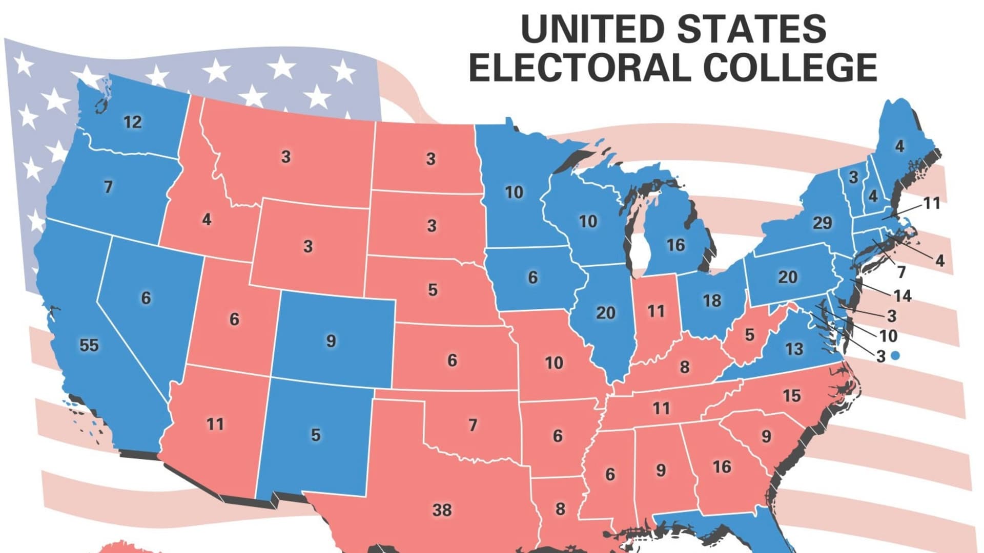 United States electoral college map showing number of electoral votes by state