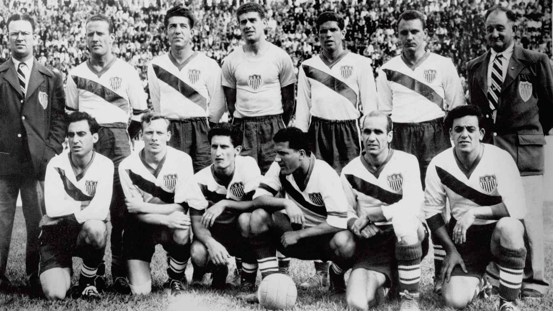 USA team group: (back row, l-r) manager Chubby Lyons, Joe Maca, Charlie Colombo, Frank Borghi, Harry Keough, Walter Bahr, coach Bill Jeffrey; (front row, l-r) Frank Wallace, Ed McIlvenny, Gino Pariani, Joe Gaetjens, John Souza, Ed Souza (Photo by EMPICS Sport/EMPICS via Getty Images)