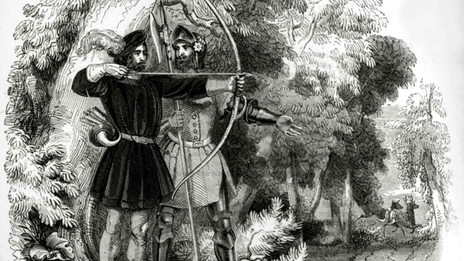 English History, Illustration, pic: circa 1200, Robin Hood and Little John, Legend has it that Robin Hood and his men who were thought to operate from Sherwood Forest, robbed from the rich to give to the poor (Photo by Bob Thomas/Popperfoto via Getty Images/Getty Images)