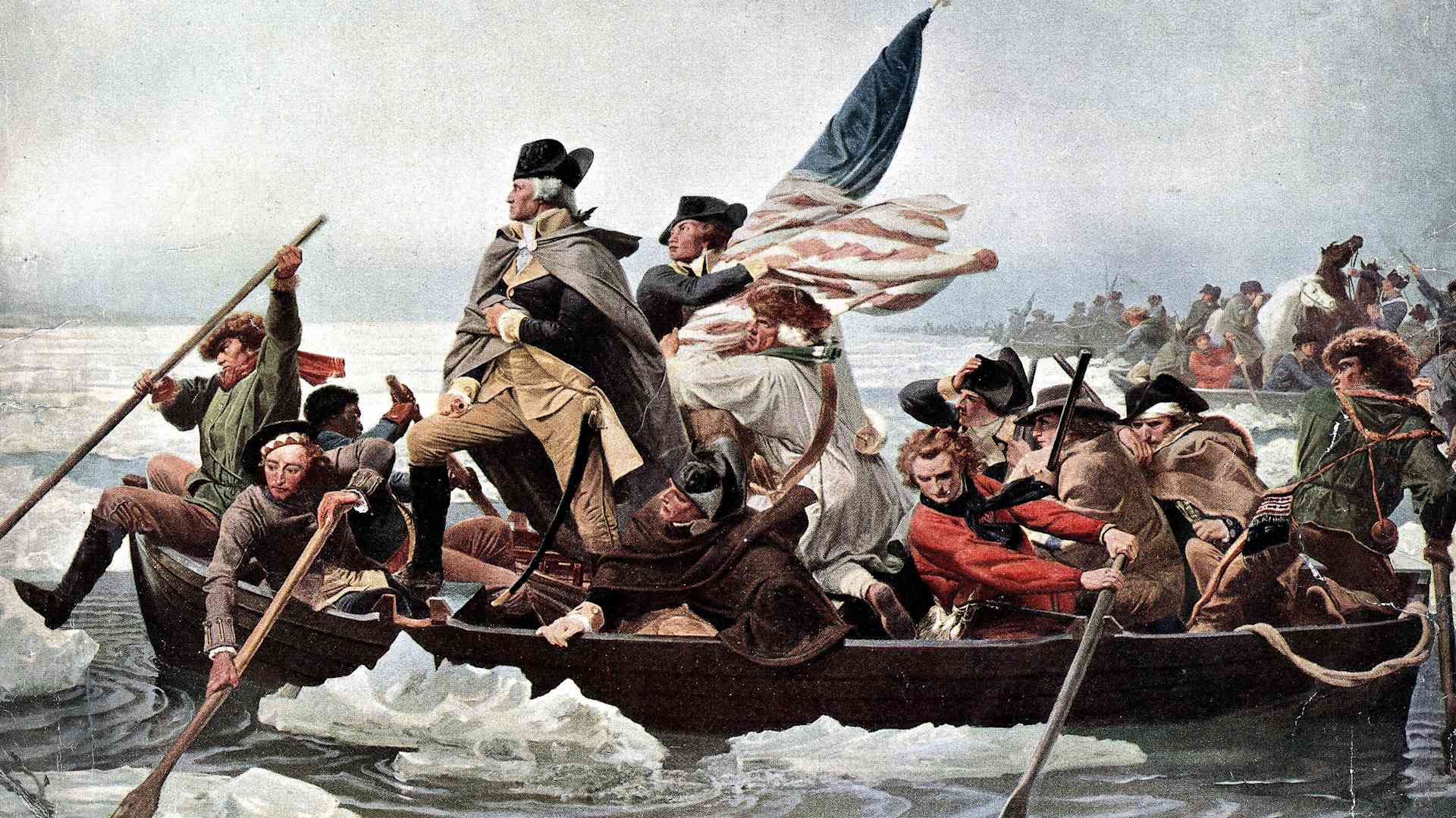 George Washington, first President of the United States of America following the victory in the War of independence, pictured crossing the Delaware river on a boat en route to the Battle of Trenton.