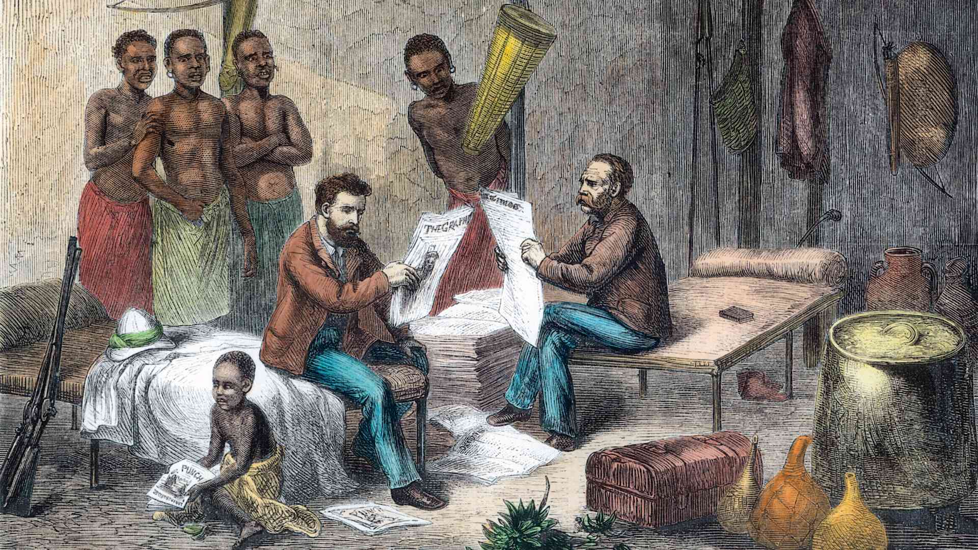 Livingstone and Stanley receiving newspapers in Central Africa, 1871-1873. Scottish missionary and explorer David Livingstone (1813-1873) was the first European to discover the Victoria Falls on the Zambezi river in central Africa. While searching for the source of the Nile in the late 1860s he became seriously ill and went missing. He was found by Henry Morton Stanley (1841-1904) in 1871 and Stanley joined him in exploring the area. Livingstone never fully recovered from his illness and died in Bangwelulu, Zambia. Artist Pearson. (Photo by Historica Graphica Collection/Heritage Images/Getty Images)