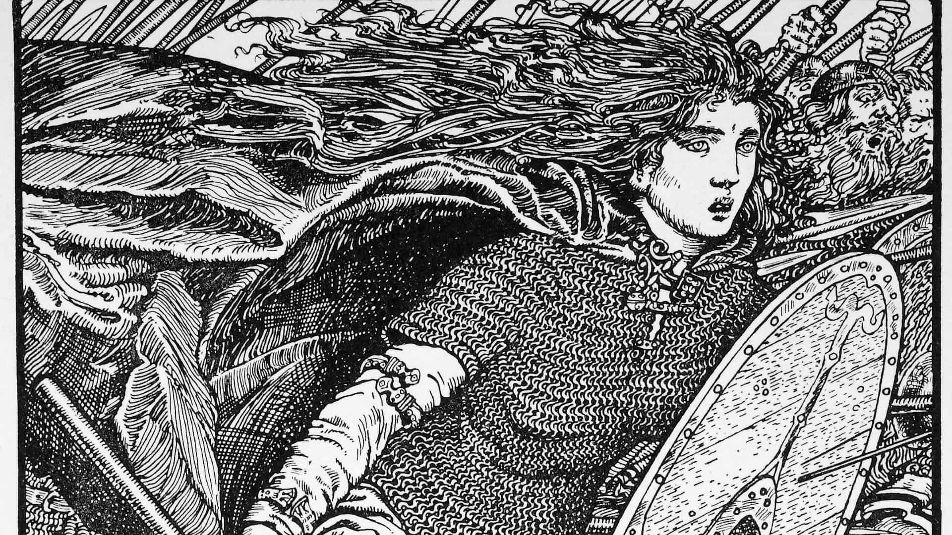Lathgertha, 1913. Lathgertha is a semi-legendary Danish Viking shieldmaiden, one time wife of Ragnar Lodbrok. Illustration from The Northmen in Britain by Eleanor Means Hull, published 1913. (Photo by Historica Graphica Collection/Heritage Images/Getty Images)
