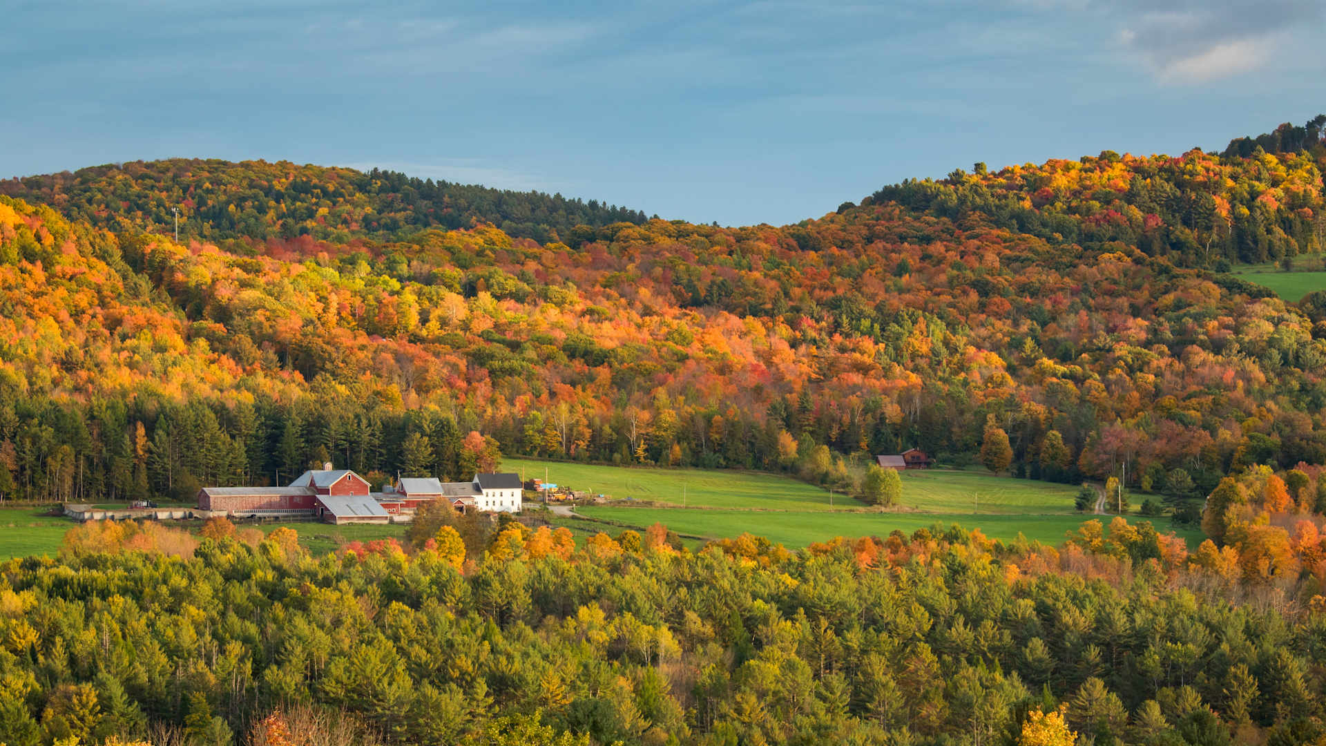 A barn sits in a pasture among fall trees in Vermont.