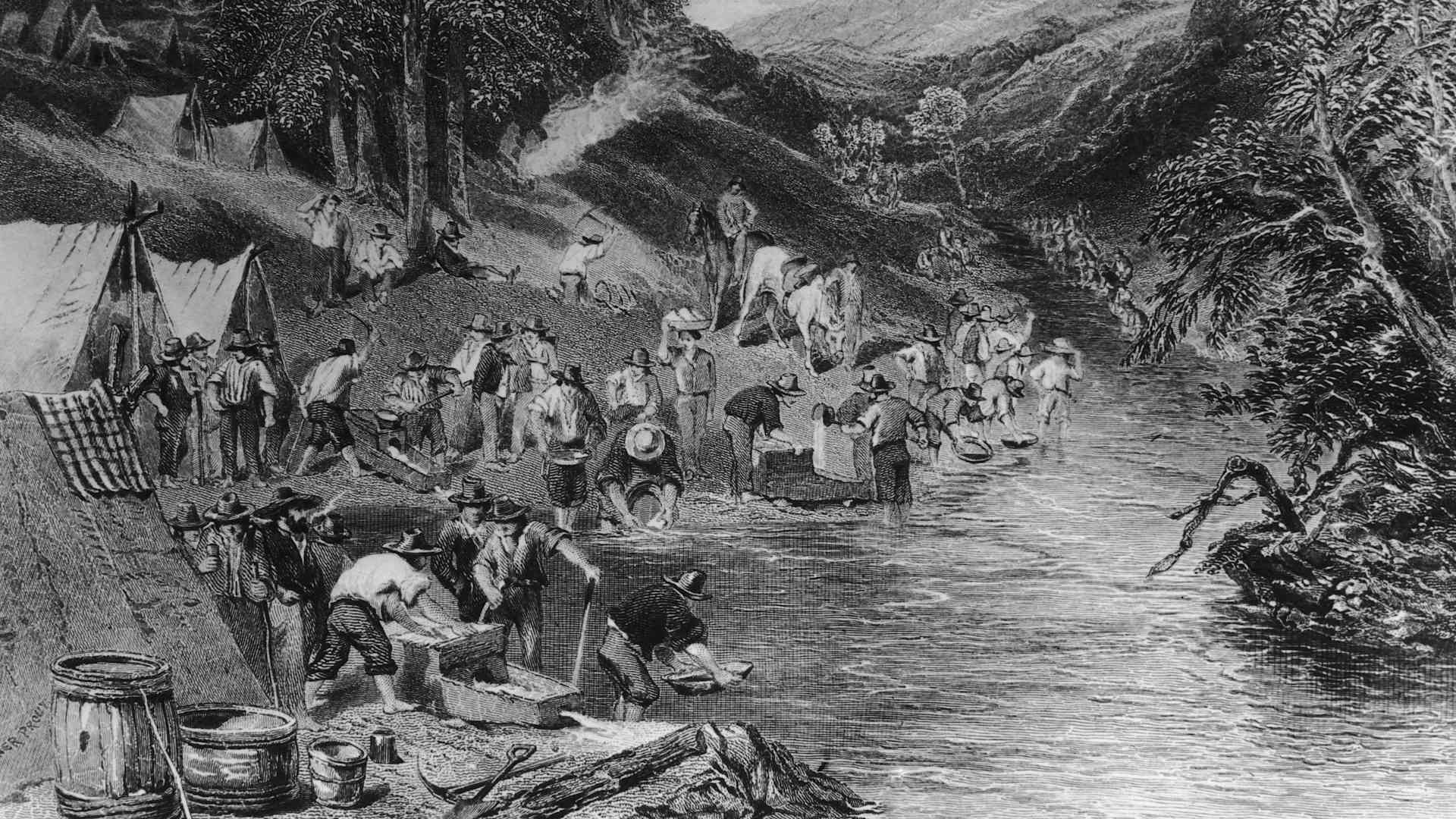Prospectors panning for gold, California, circa 1850