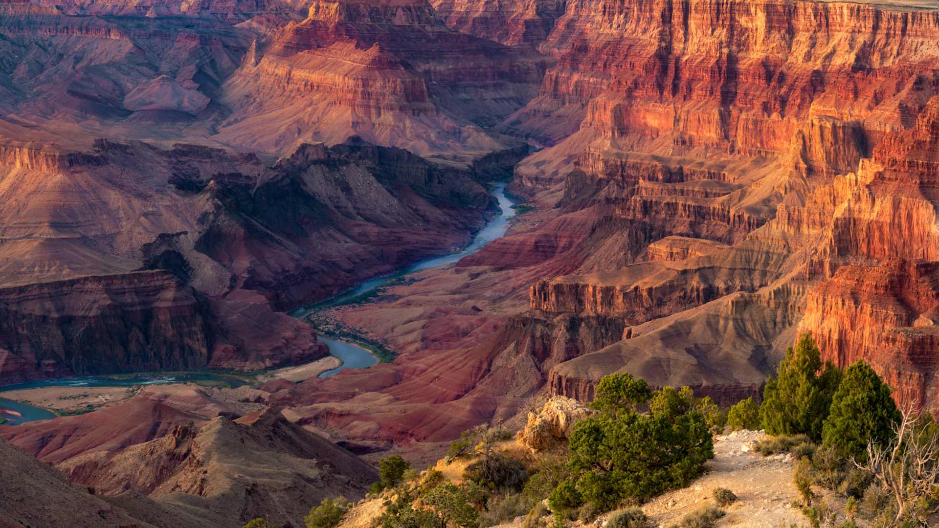 Colorful sunset overlooking the Colorado River deep in the Grand Canyon