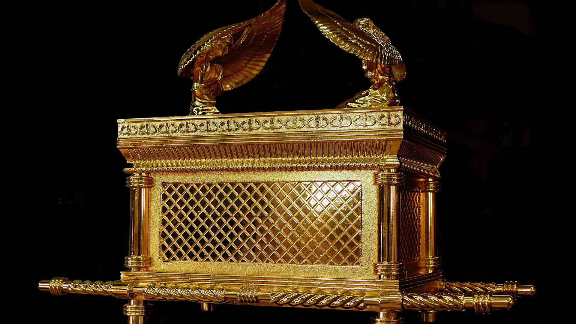 Replica of the Ark of the Covenant, a gold-covered wooden chest described in the Book of Exodus as containing the two stone tablets of the Ten Commandments. According to various texts within the Hebrew Bible, it also contained Aaron's rod and a pot of manna.