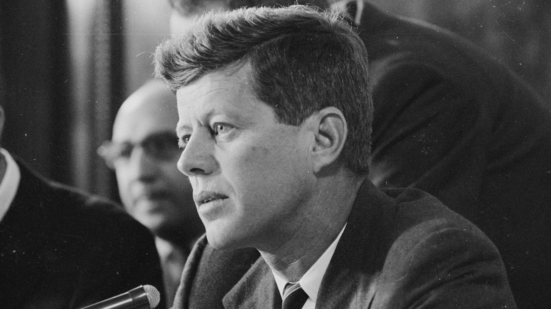 Close-up of American Senator (and future US President) John F Kennedy (1917 - 1963) as he listens to testimony during McClellan Committee's investigation of the Teamsters Union, Washington DC, February 26, 1957.