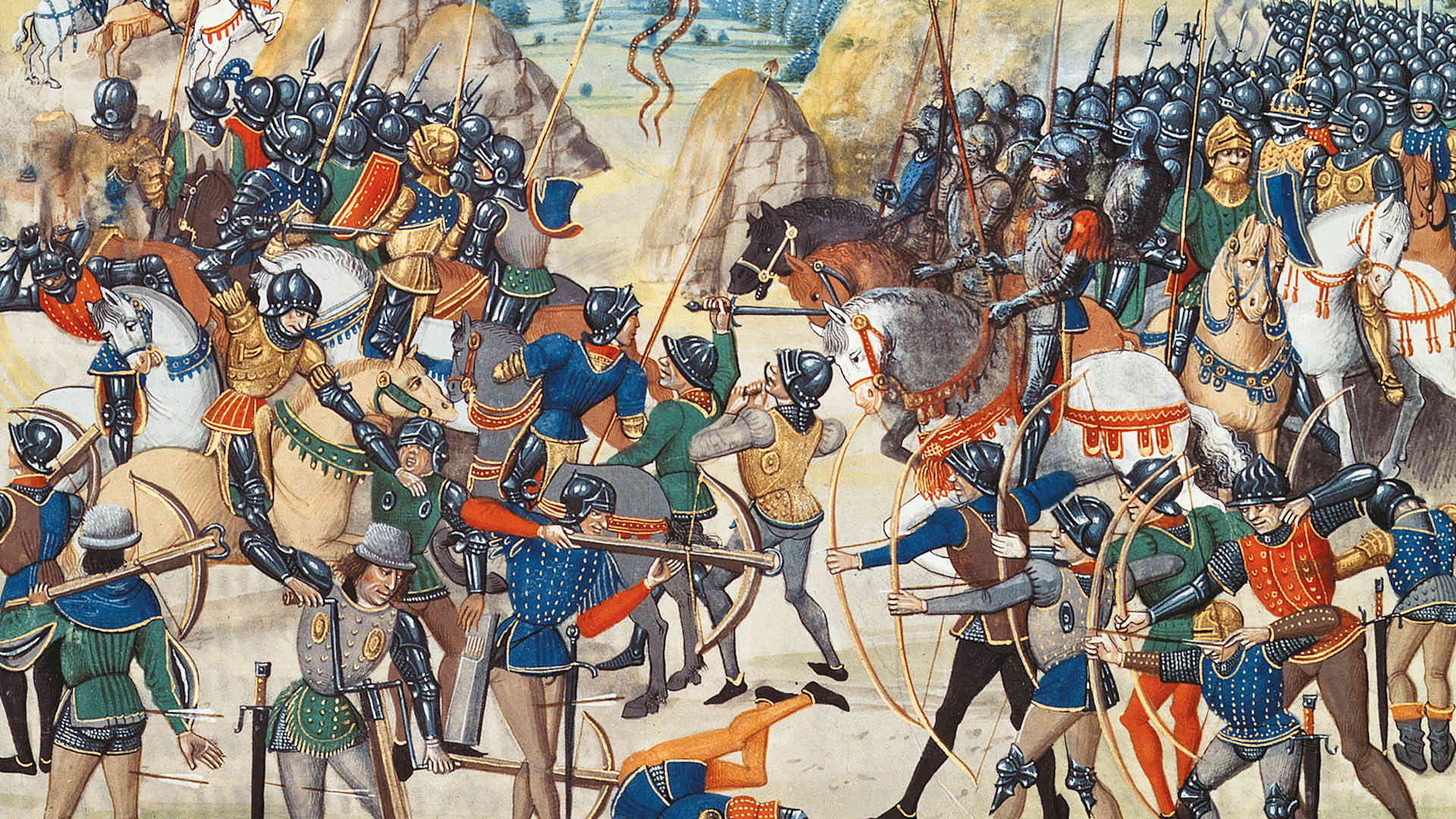 The Battle of Crécy on 26 August 1346 (Miniature from the Grandes Chroniques de France by Jean Froissart), ca 1470. Found in the collection of Bibliothèque Nationale de France. (Photo by Fine Art Images/Heritage Images/Getty Images)