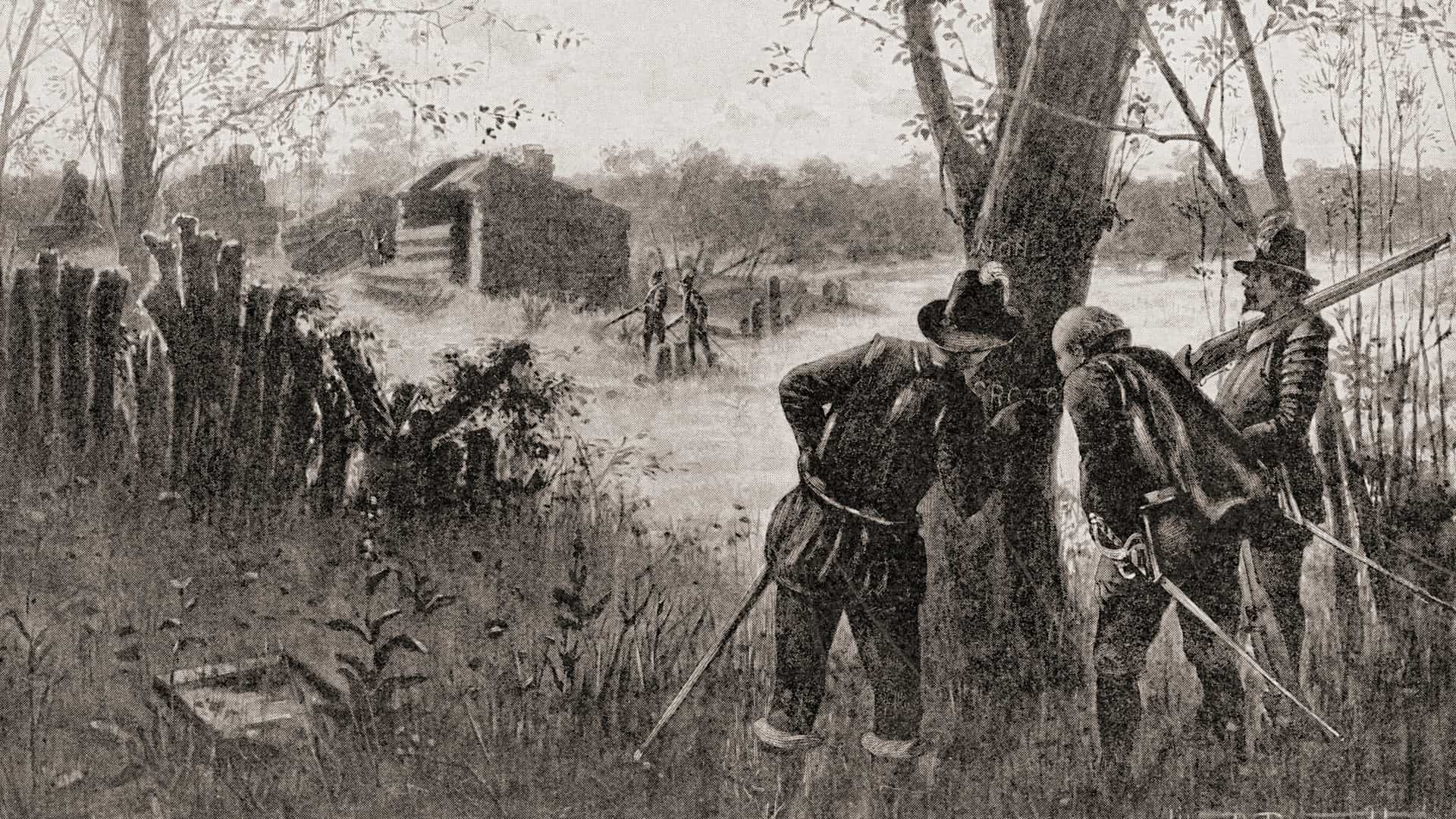 John White discovers the word Croatoan carved onto a tree upon his return to the deserted Roanoke Colony in 1590.