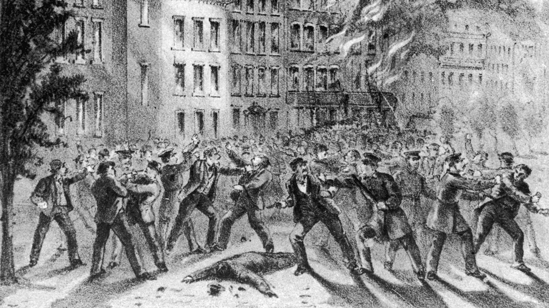 Illustration depicting street fighting during the New York Draft Riots in 1863. New York City, New York, circa 1863.