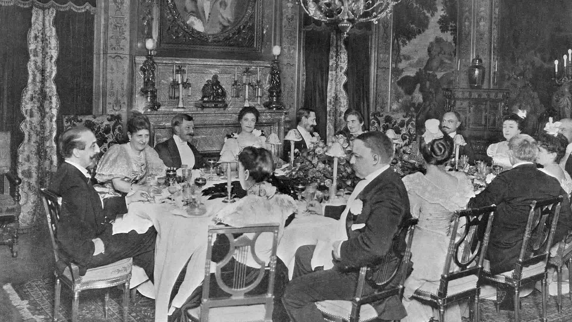 A dinner of society people at Delmonico's restaurant in New York City in 1899.