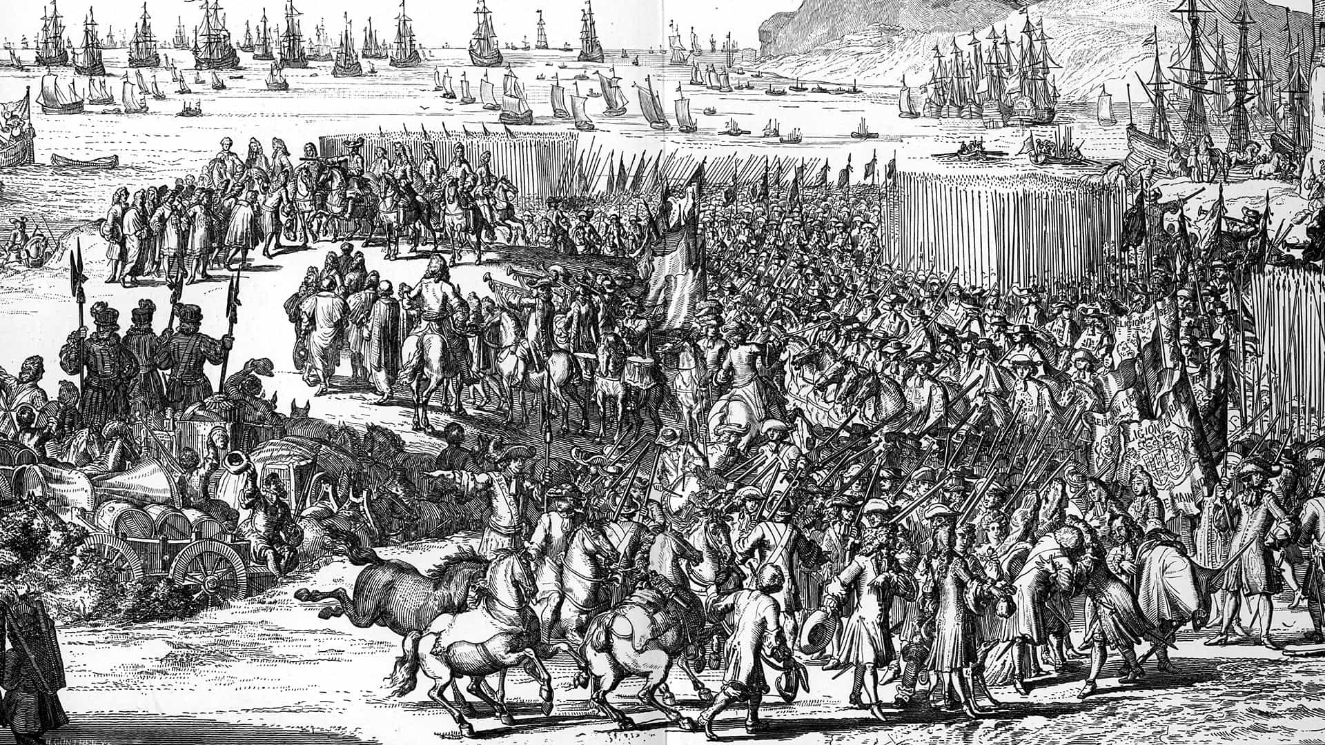 Arrival of William of Orange in England, 15-16 November 1688, (1903). A protestant, William of Orange (1650-1702) was invited by a conspiracy of English notables to depose the Catholic James II and assume the throne in his stead. The invasion, which was virtually bloodless, was successful and became known as the 'Glorious Revolution'. James fled to France and the Prince of Orange was crowned William III of Great Britain and Ireland on 11 April 1689. He co-ruled with his wife Mary II from 1689, continuing as sole ruler after her death in 1694. A print from The World's History, A Survey of Man's Record, by Dr HF Helmolt, Volume II, William Heinemann, London, 1903.