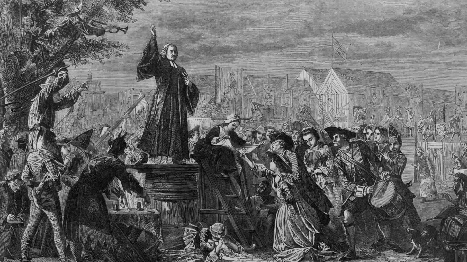 Whitefield PreachesBritish evangelist and founding father of Methodism, George Whitefield (1714 - 1770) preaching in Moorfields, London, 1742. Engraving by E. Crowe Original publication: Illustrated London News pub. 1865. (Photo by Illustrated London News/Hulton Archive/Getty Images)