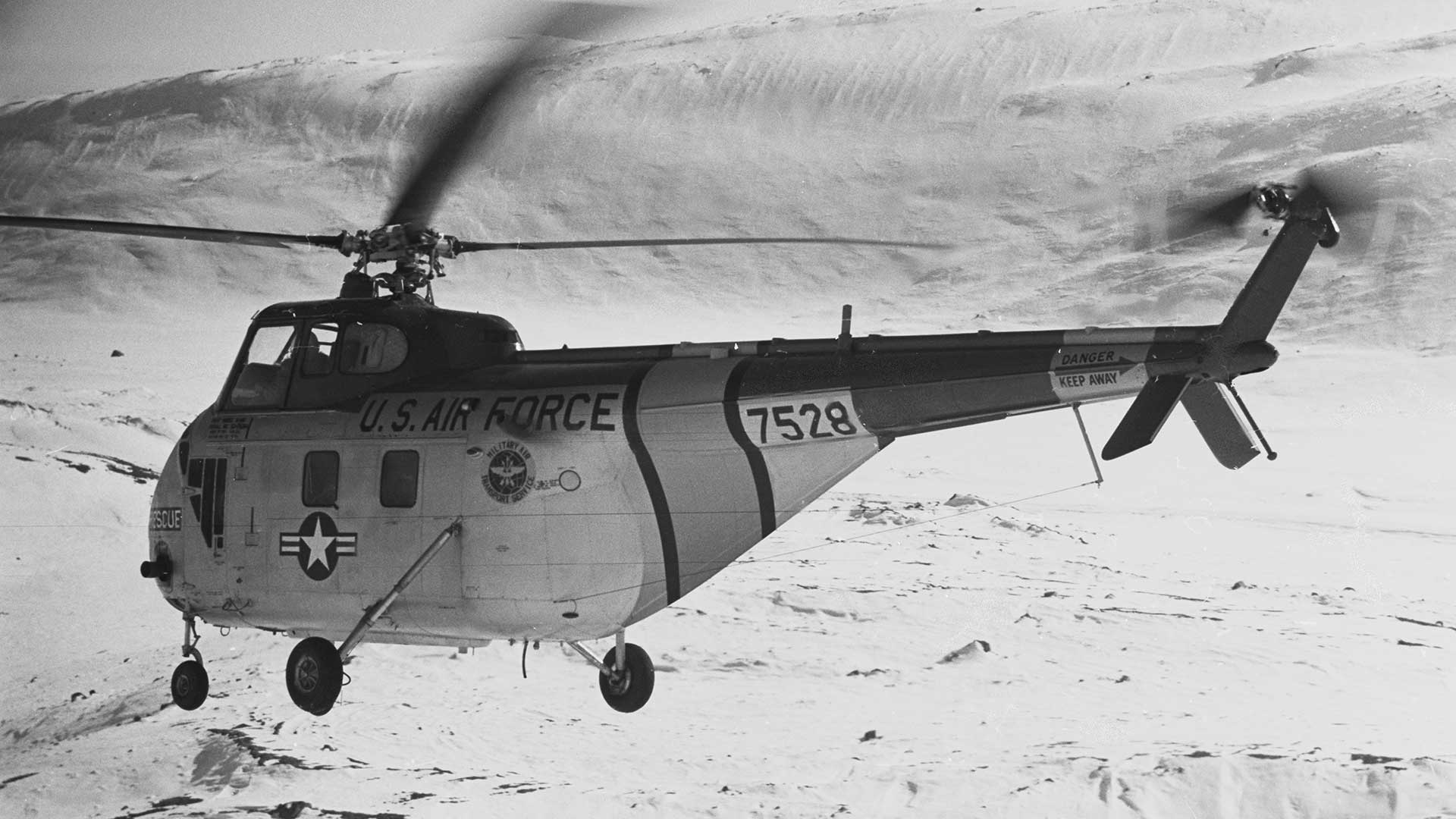 An air rescue helicopter of the U.S. Air Force arrives at the Thule Air Base in Greenland, 1955.