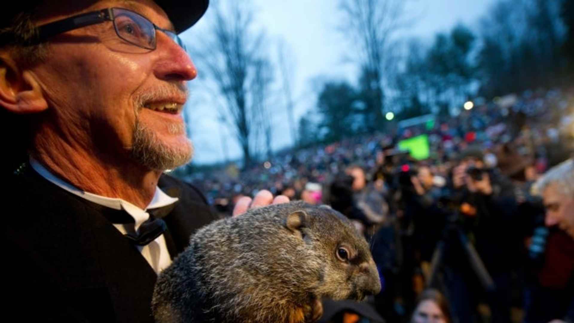 A groundhog handler holds Punxsutawney Phil after his 2012 weather prediction in Punxsutawney, Pennsylvania. 